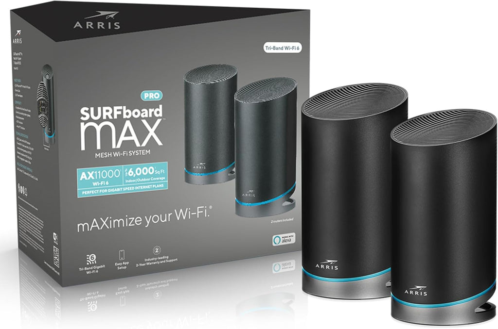 ARRIS SURFboard mAX Pro W133 Tri-Band Mesh Wi-Fi 6 System , AX11000 Wi-Fi Speed up to 11 Gbps , Coverage 6,000 sq ft , 4.8 Gbps Backhaul , Four 1 Gbps Ports per Node , Alexa Support
