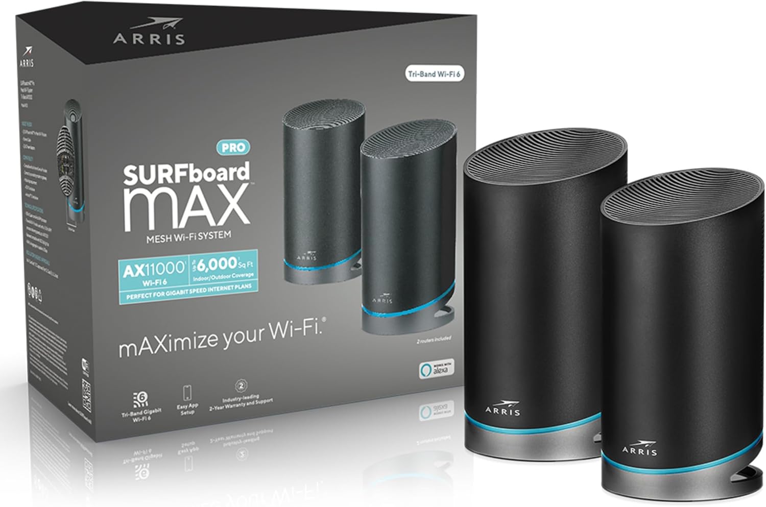 ARRIS SURFboard mAX Pro W133 Tri-Band Mesh Wi-Fi 6 System , AX11000 Wi-Fi Speed up to 11 Gbps , Coverage 6,000 sq ft , 4.8 Gbps Backhaul , Four 1 Gbps Ports per Node , Alexa Support