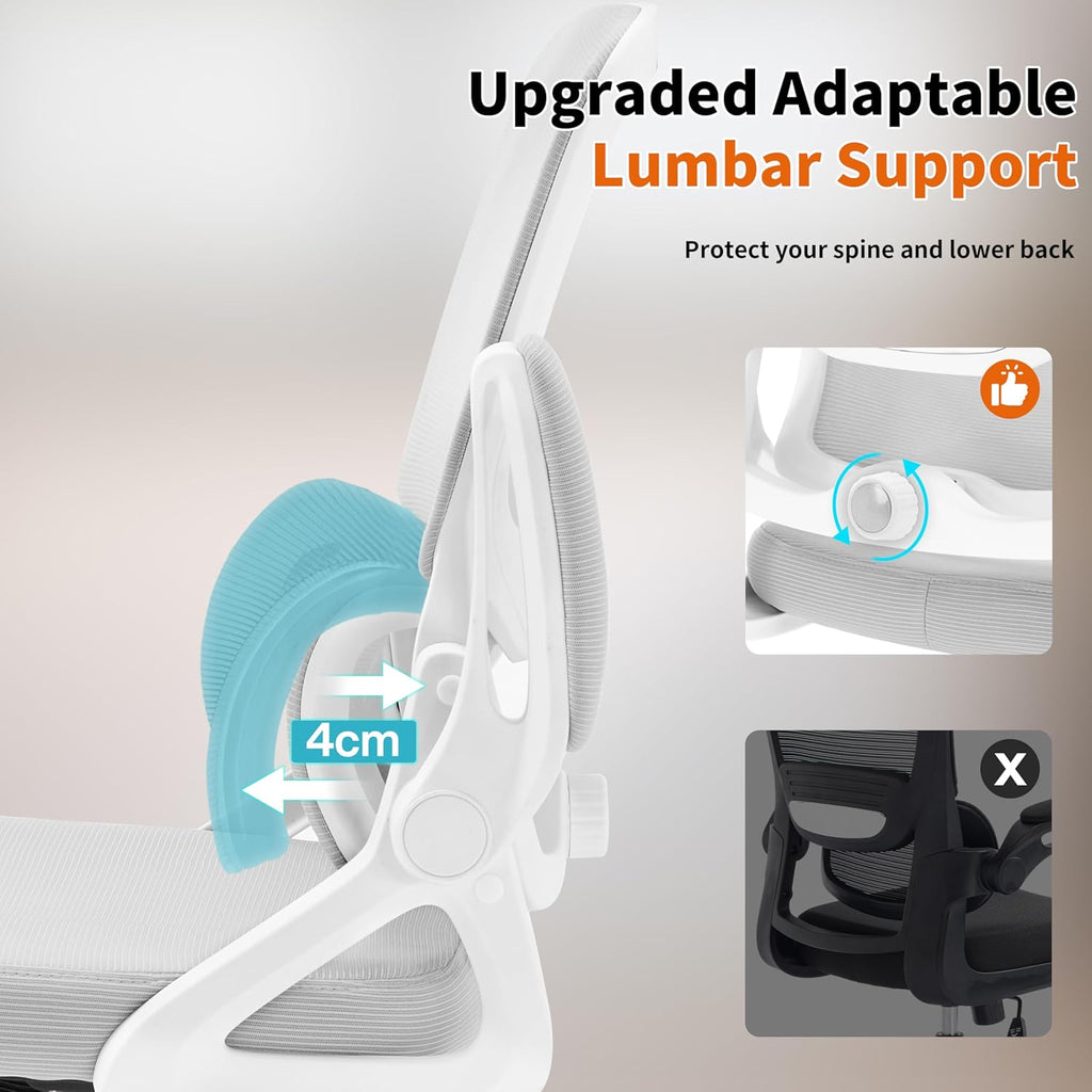 Ergonomic Office Chair,Mesh Office Chair with Lumbar Support,Mid Back Desk Chair with Flip-up Arms,400 lbs Comfy Computer Chair for Home Office (Light Grey)