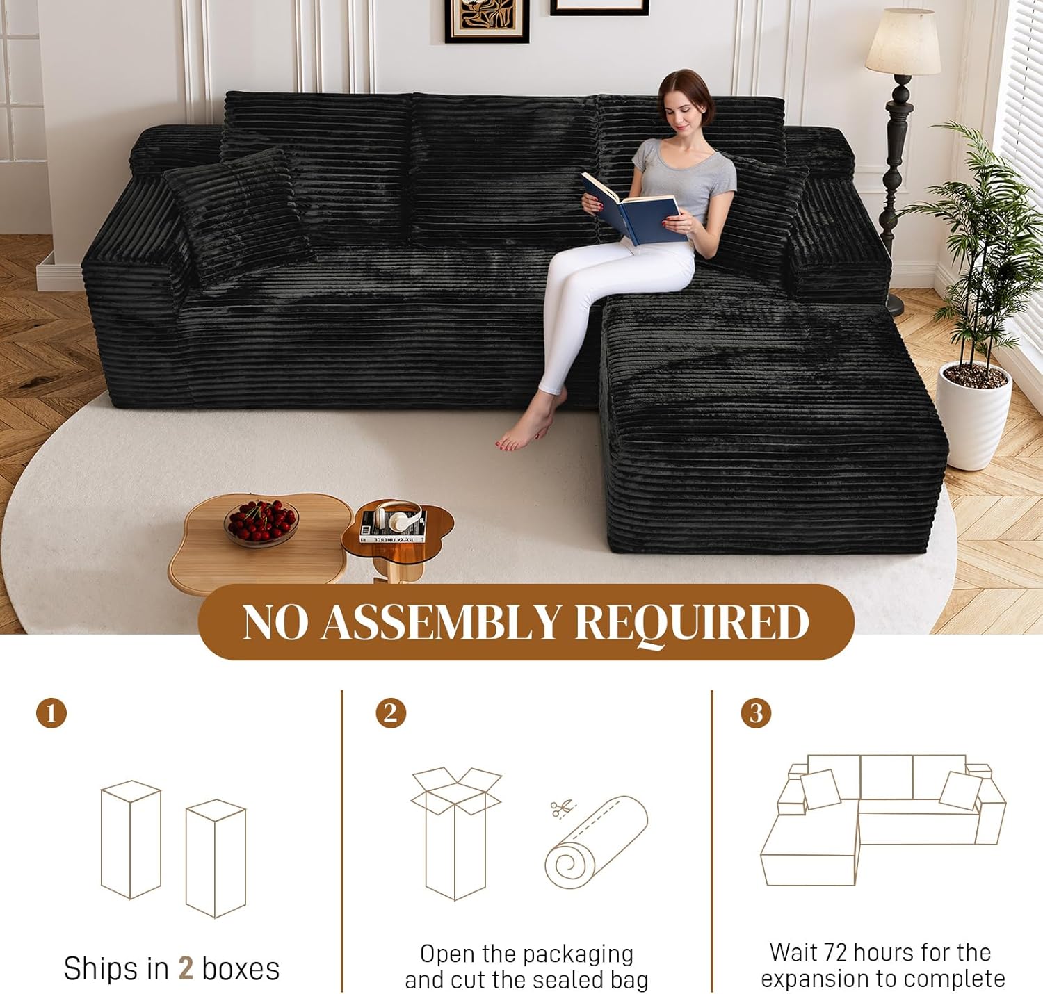 108" L Shaped Boneless Sectional Couches for Living Room, Comfy Corduroy Floor Cloud Sofa with Chaise, Wide Armrest, Deep Seat, Memory Foam, Assembly Free, Ideal for Small Spaces, Black