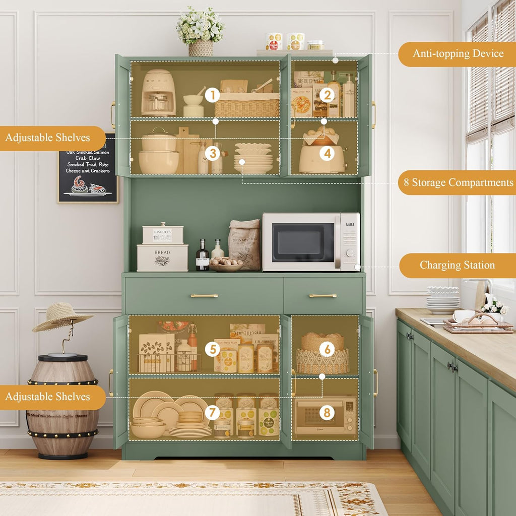 HOSTACK 71" Pantry Cabinet with Charging Station, Tall Kitchen Pantry Storage Cabinet with Microwave Stand, Farmhouse Kitchen Hutch with Storage Drawers for Living Room, Dining Room, Green