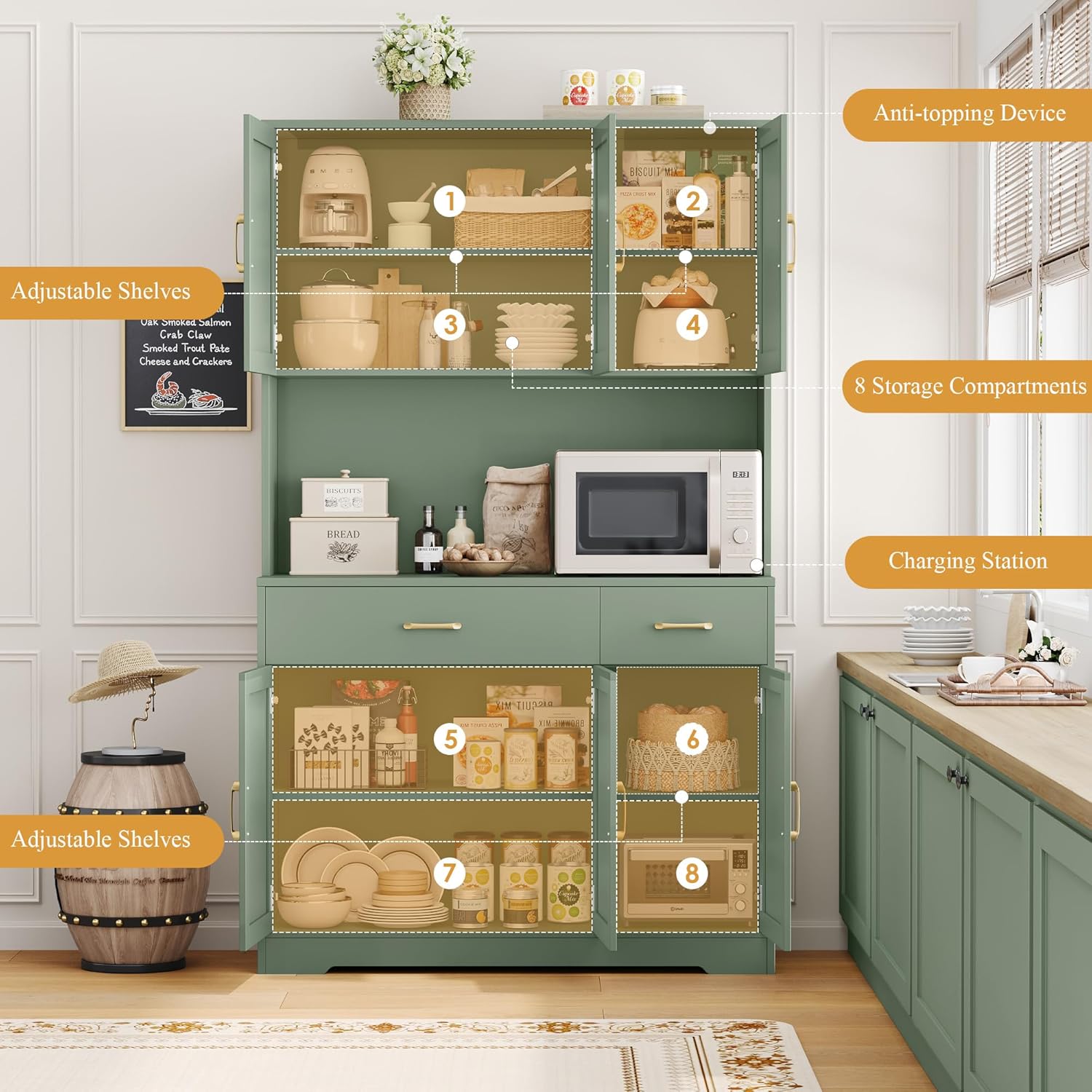 HOSTACK 71" Pantry Cabinet with Charging Station, Tall Kitchen Pantry Storage Cabinet with Microwave Stand, Farmhouse Kitchen Hutch with Storage Drawers for Living Room, Dining Room, Green