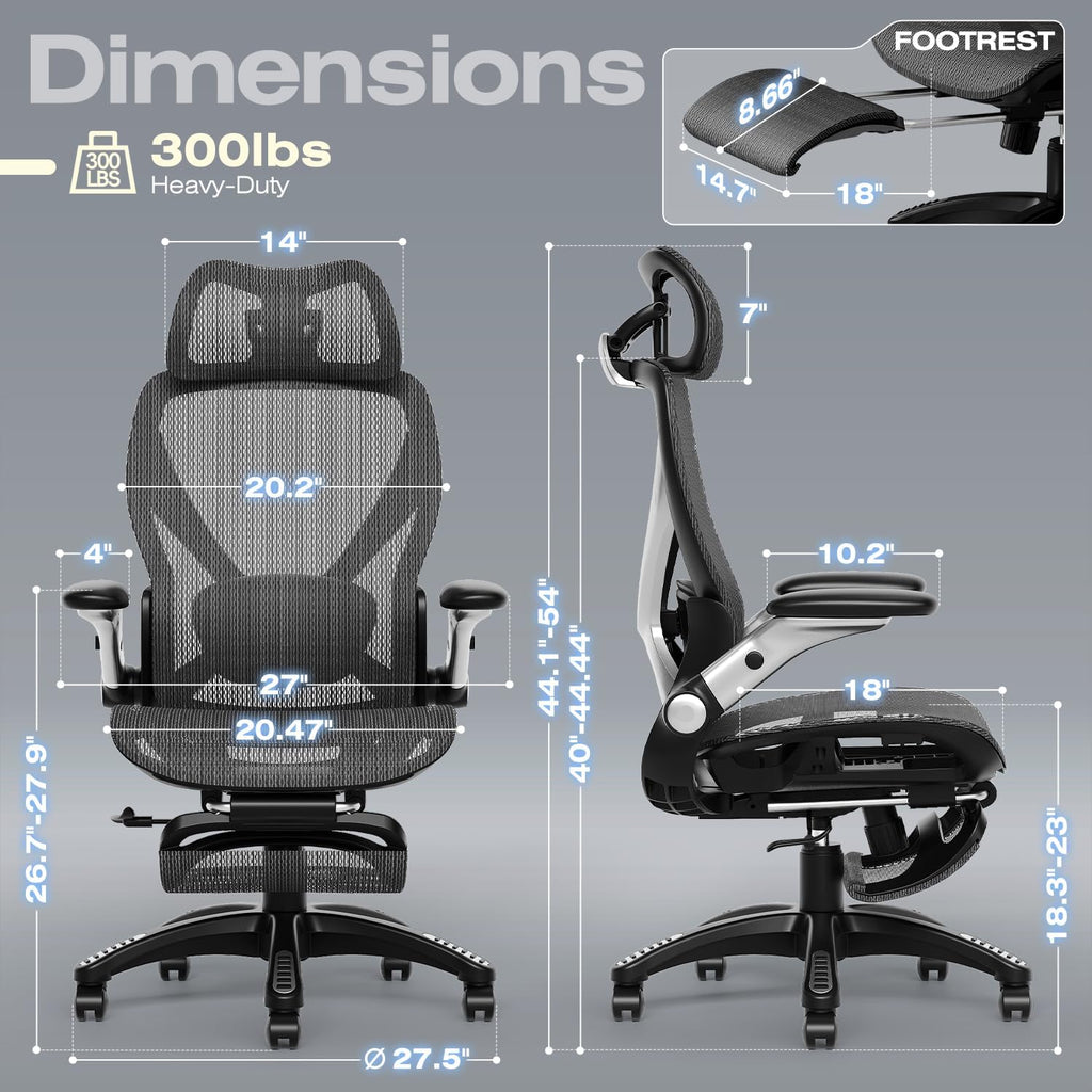 ELABEST X100 Ergonomic Mesh Office Chair with Footrest, Big and Tall Hone Desk Chair with 5D Flip-Up Arms, Adjustable 3D Lumbar Support,Gaming & Executive Computer Chairs