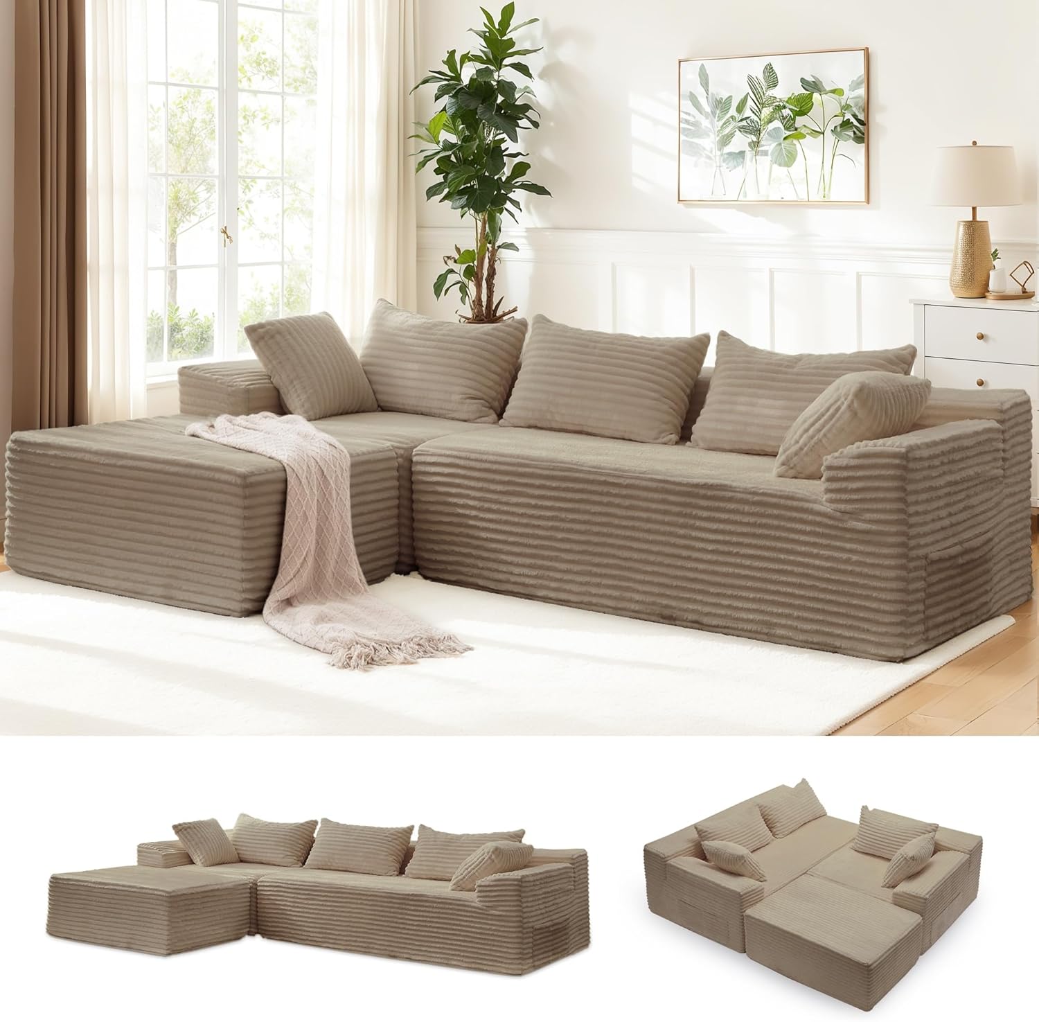 Korser 110" L-Shaped Modular Sectional Sofa with Chaise, Boneless Comfy Corduroy Fluffy Couch with Deep Seat and Side Pockets, Flexible Module Combination for Living Room, No Assembly, Side Pockets