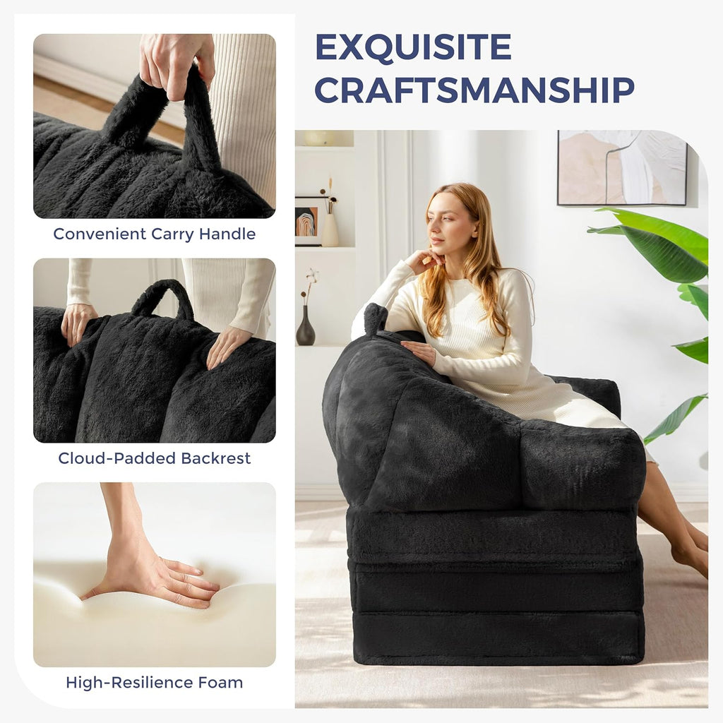 MAXYOYO Folding Sofa Bed, 2 in 1 Convertible Sofa to Lounger Comfy Loveseat Bean Bag Chair for Adults, Floor Sleeper Couch with Handle, Faux Fur Couch Bed for Living Room Bedroom, Black, Loveseat