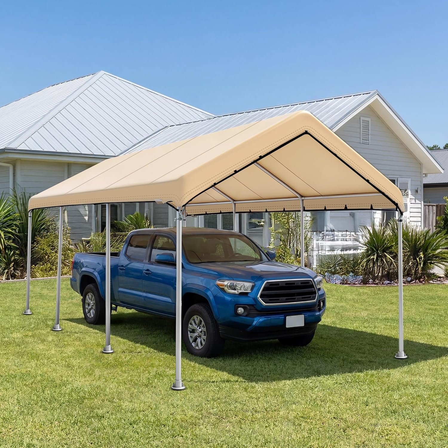 SIHAIAN 10 x 20 Ft Carport Replacement Canopy Cover(No Frame), Easy to Set up Carport Canopy, 500D Heavy-Duty Garage Top Tent Shelter Tarp Waterproof and UV Protected (Only Canopy Cover) Beige