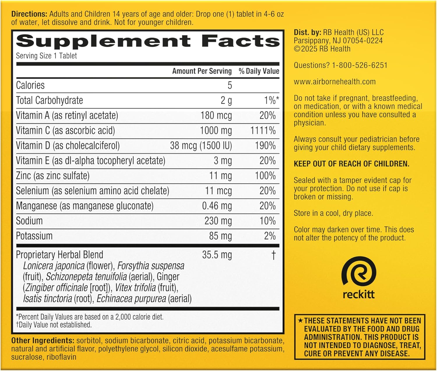 Airborne 1000mg Vitamin C + Zinc Sugar Free Multivitamin Immune Support Effervescent Fizzy Drink Tablets, Zesty Orange Flavor with Powerful Antioxidants Vitamins A C & E, 30 Tablets