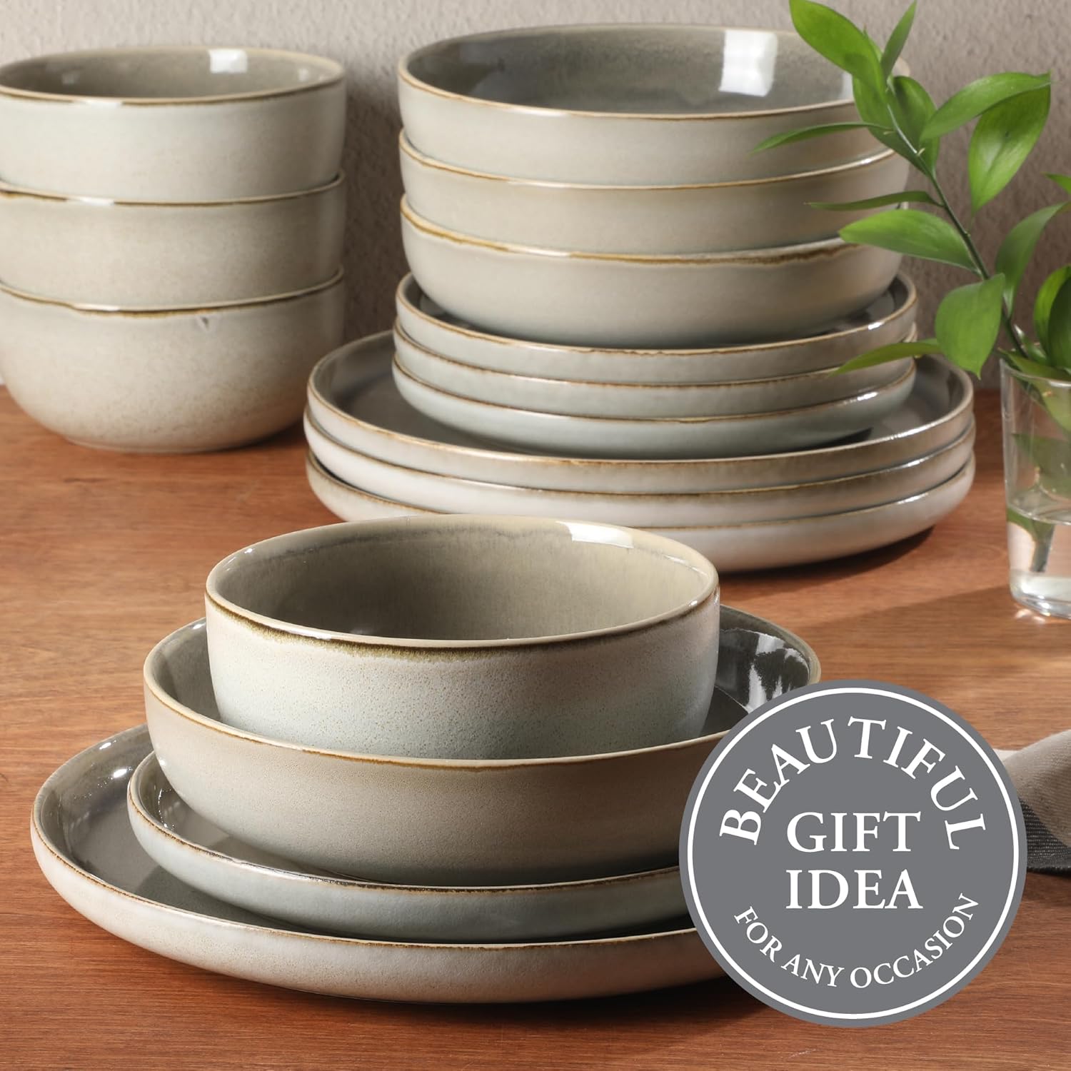 Gibson Elite Sunveil 16 Piece (Service for 4) Plates and Bowls Reactive Glaze Round Dishes Stoneware Ceramic Dinnerware Set - Light Taupe