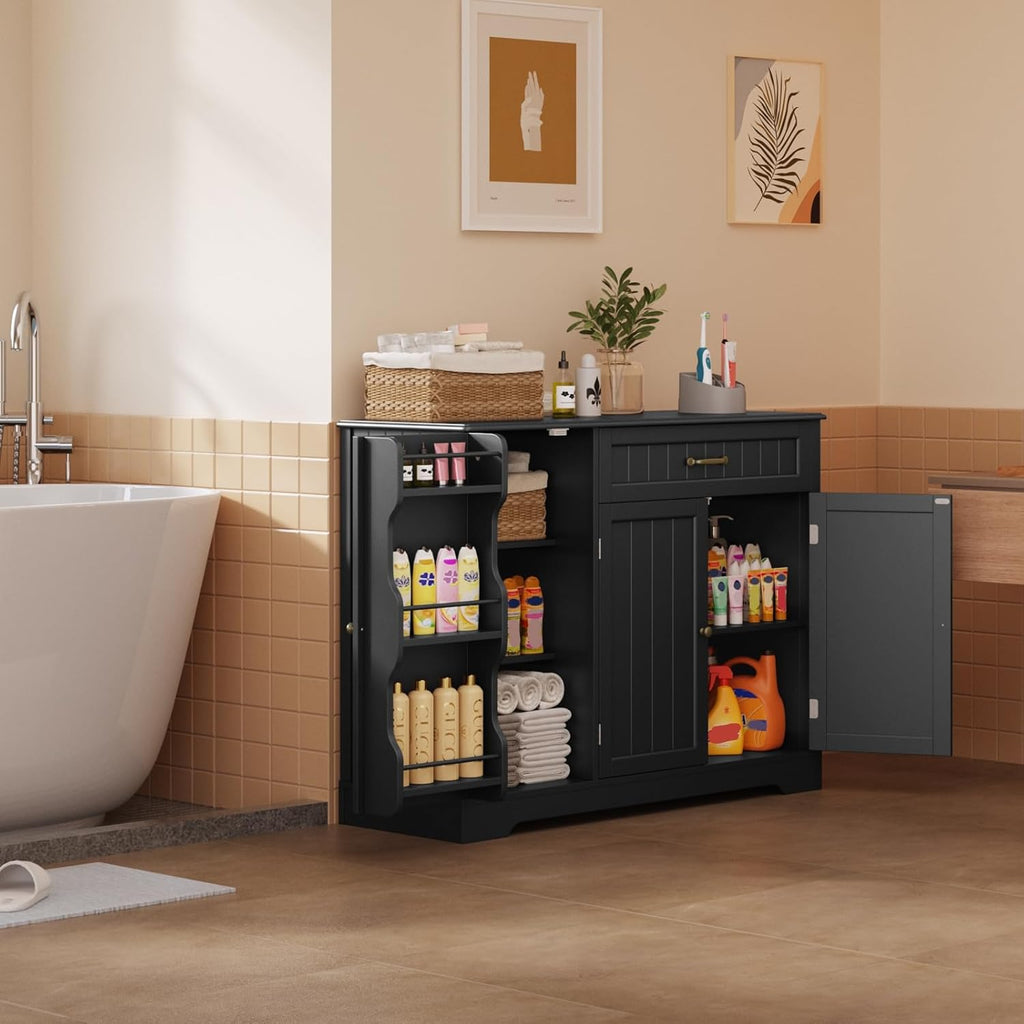 Gizoon Kitchen Sideboard Buffet Cabinet with Storage Small Coffee Bar Cabinet with Drawer, Kitchen Pantry Storage Cabinet with Door and Shelves for Bathroom and Living Room, Black