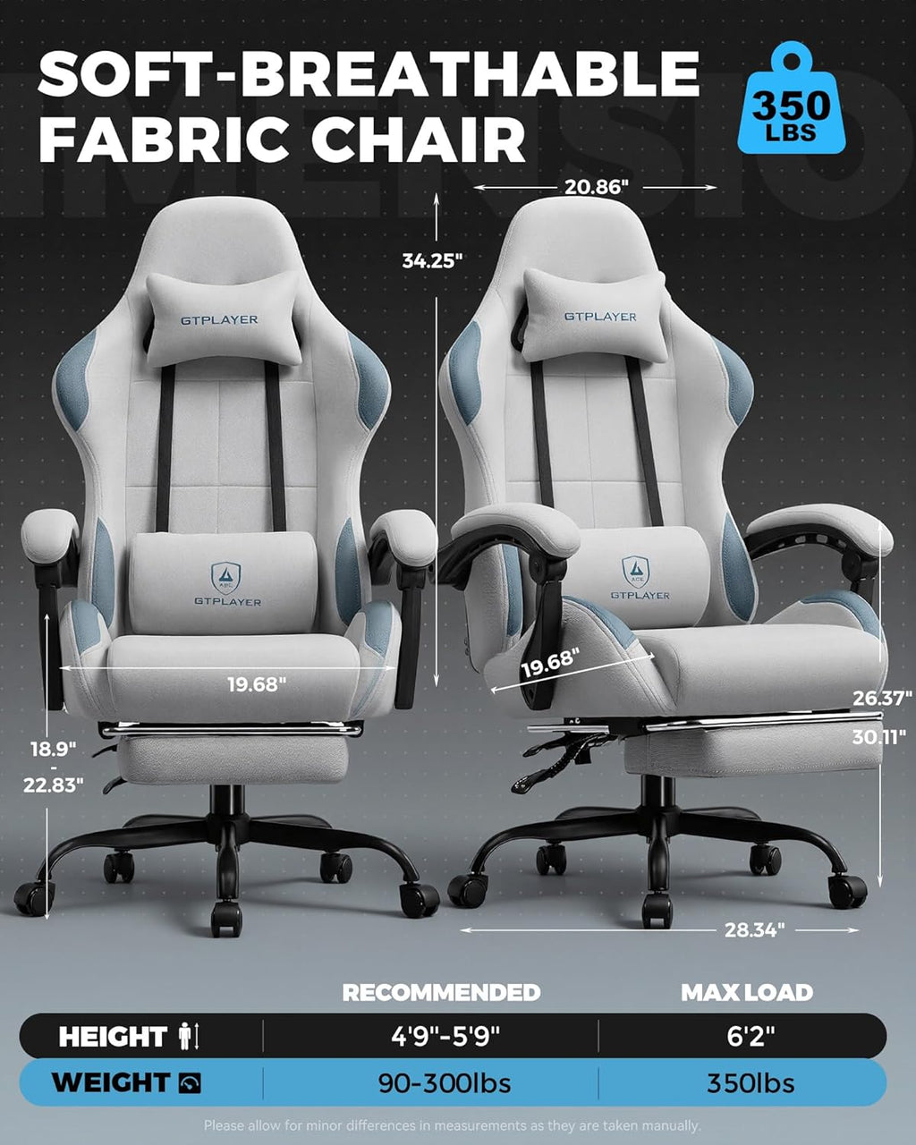 GTPLAYER Gaming Chair Fabric with Pocket Spring Cushion,Computer Office Chair with Lumbar Support for Adults Linkage Armrests and Footrest Ergonomic Gamings Chairs Height Adjustable Gray