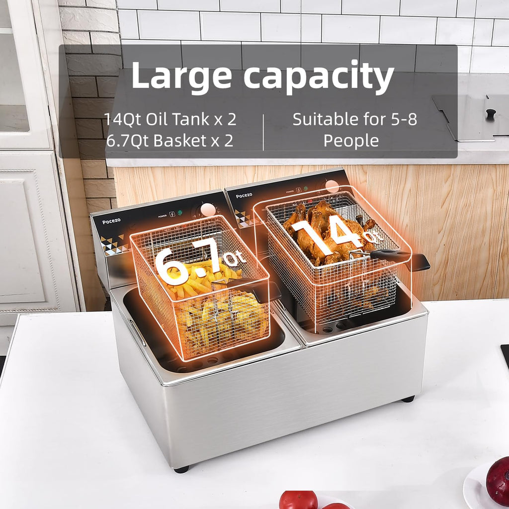 Deep Fryer with Basket, 3400w 14Qt Oil Tank/ 6.7Qt Basket x 2, 0.6mm Thickened Stainless Steel Countertop Electric Fryer for Home and Commercial Use, Oil Fryer with Double Overheat Protection