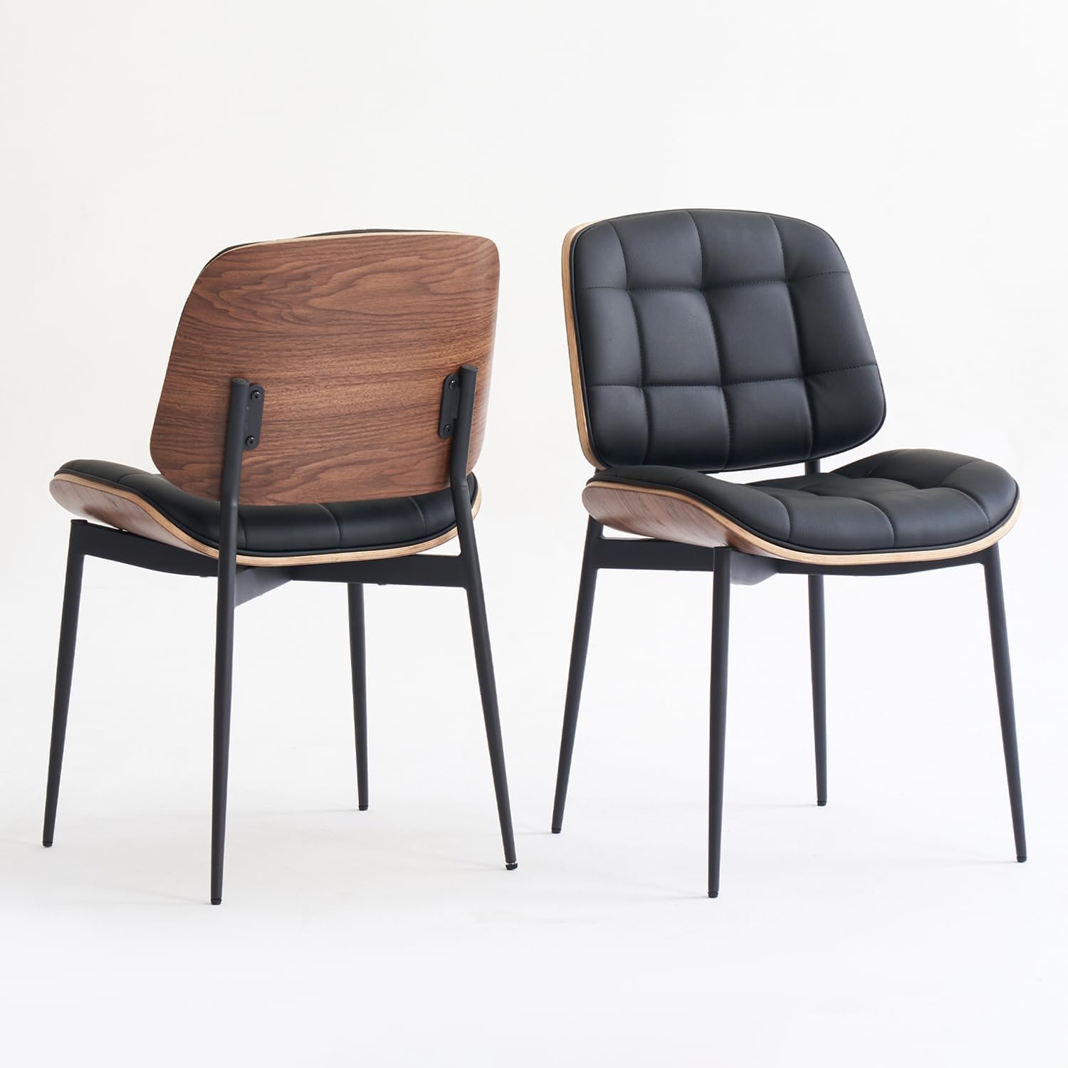 GrandNoor Mid Century Modern Dining Chairs with Walnut Grain Back, Black Faux Leather Dining Room Chairs Set of 4, Checkered Soft Cushion Kitchen Chairs with Adjustable Foot Pads
