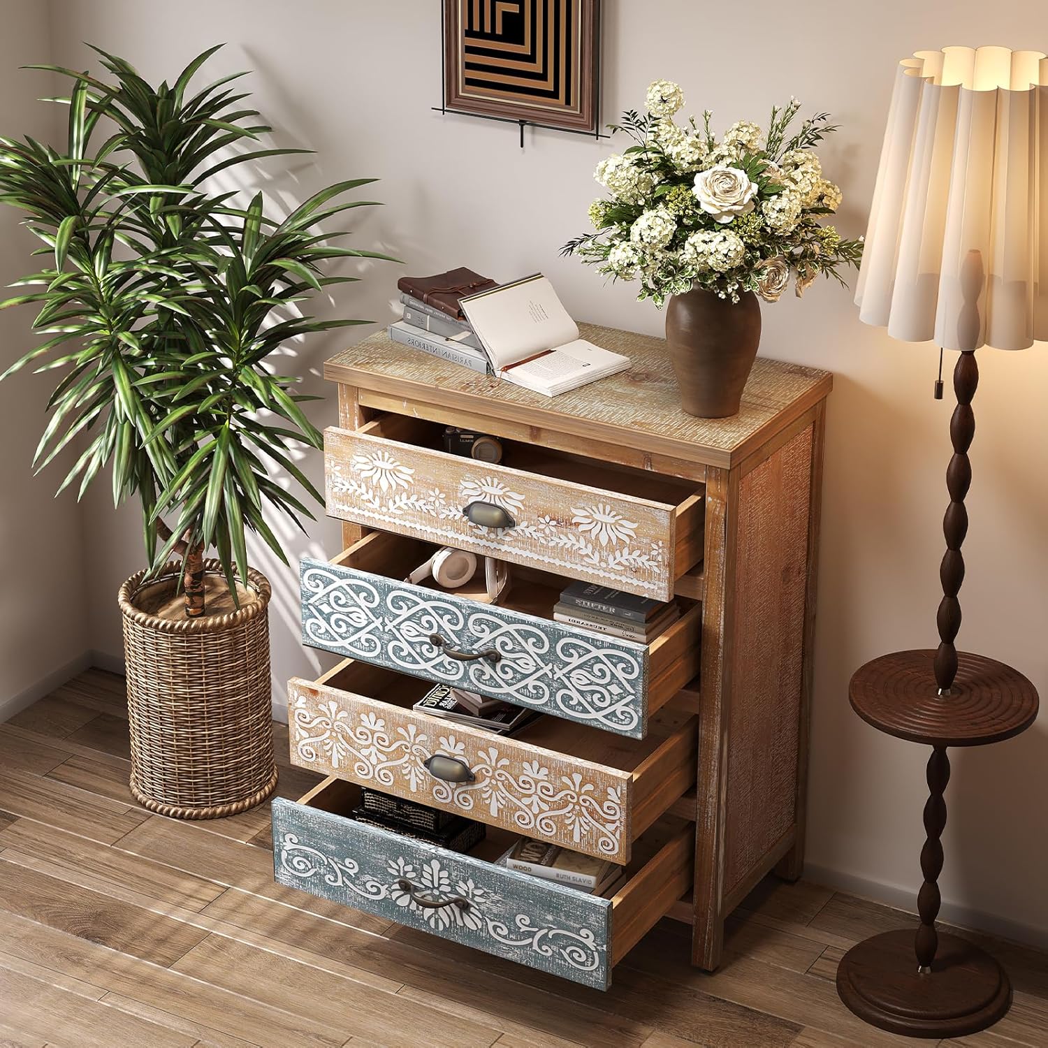Boho Small Accent Cabinet with Hand-Painted Floral Drawers | Rustic Wood Storage Cabinet with 4 Drawers | Decorative Entryway Cabinet for Living Room, Dining Room, Kitchen | Solid Fir Wood Frame