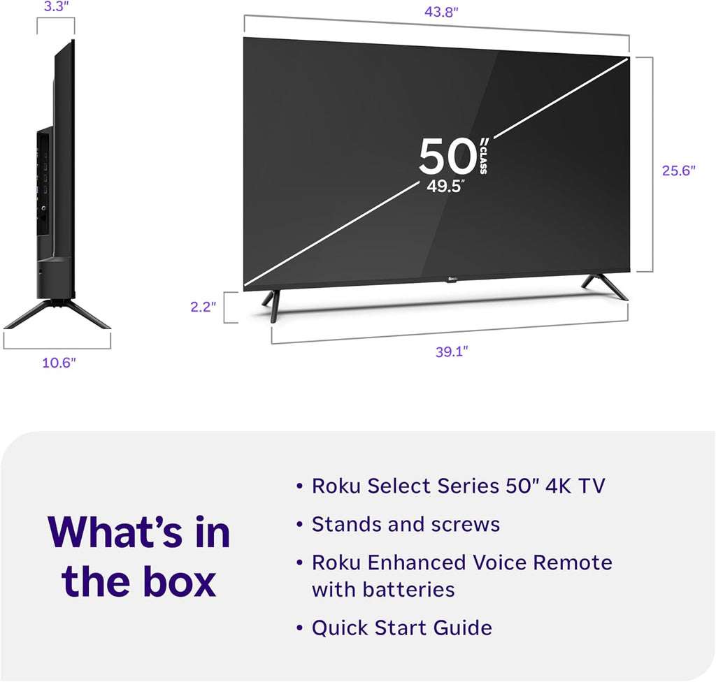 Roku Smart TV – 50-Inch Select Series, 4K HDR TV – RokuTV with Enhanced Voice Remote – Flat Screen LED Television with Wi-Fi for Streaming Live Local News, Sports, Family Entertainment