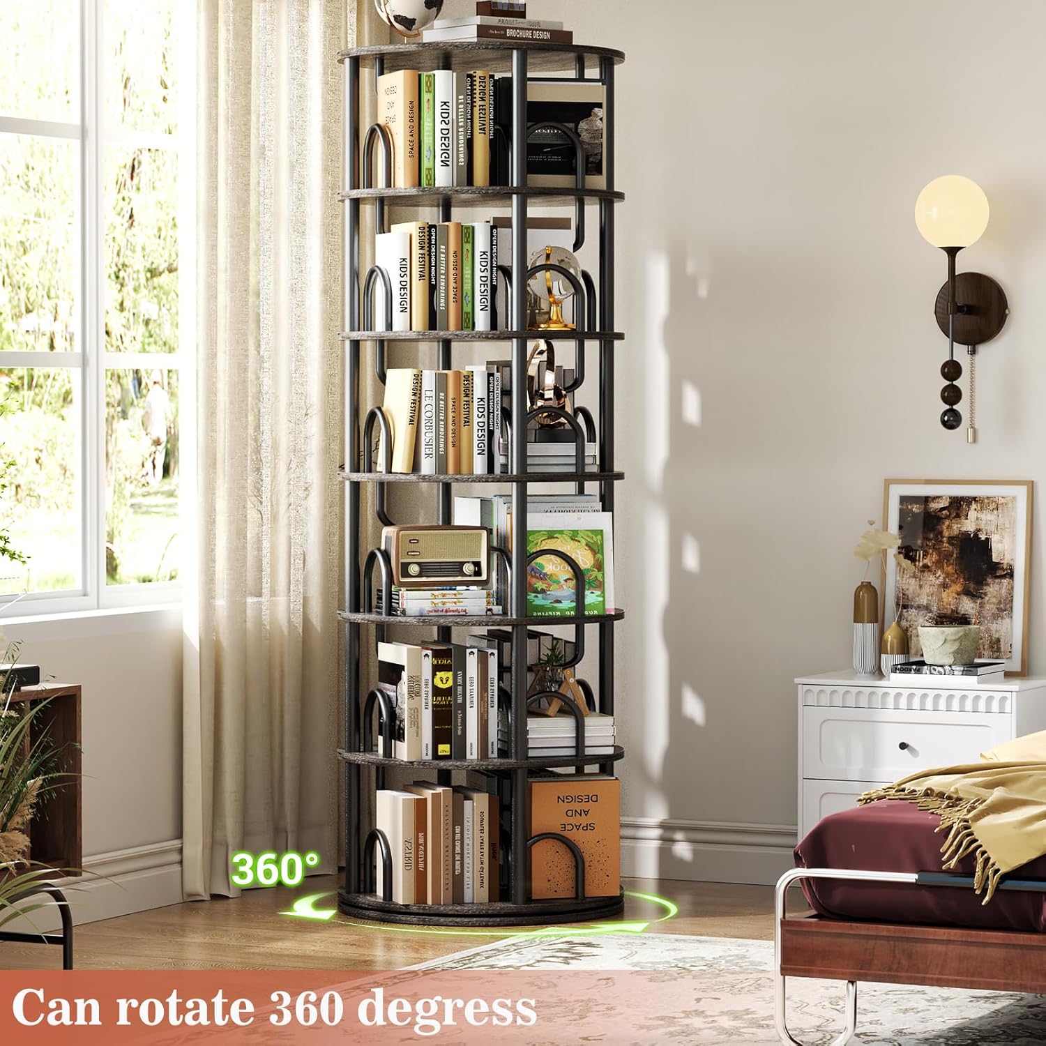 Aheaplus 6 Tier Rotating Bookshelf Tower, Revolving Bookcase, 360° Round Spinning Book Shelf, Narrow Swivel Bookshelves Vertical Turning Corner Bookshelf Organizer for Small Space, Black Oak