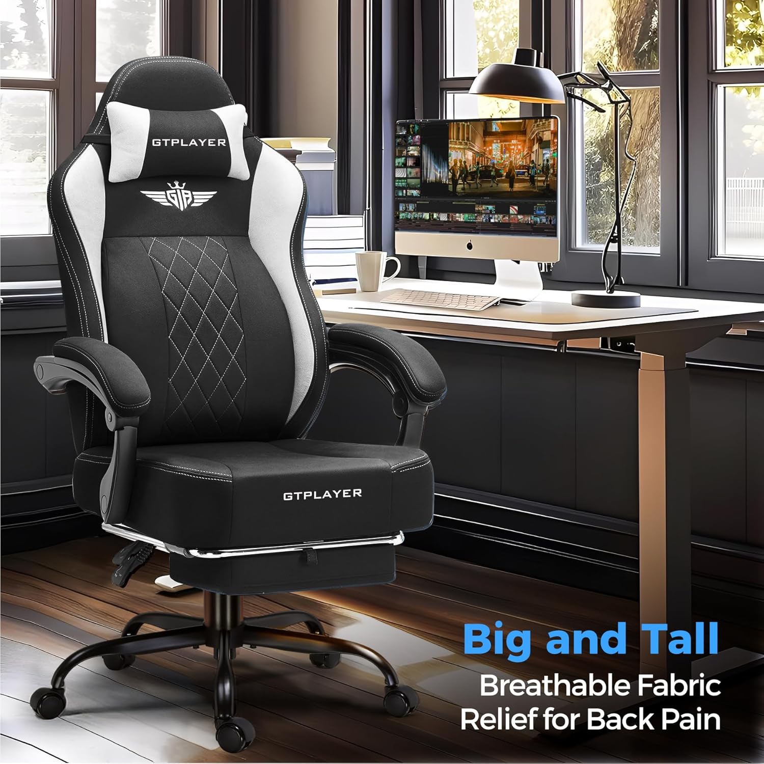 GTPLAYER Big and Tall Gaming Chair Breathable Fabric Computer Chair with Strong Lumbar Support, Comfortable Office Chairs with Pocket Spring Cushion, High Back Ergonomic Desk Chairs with Footrest