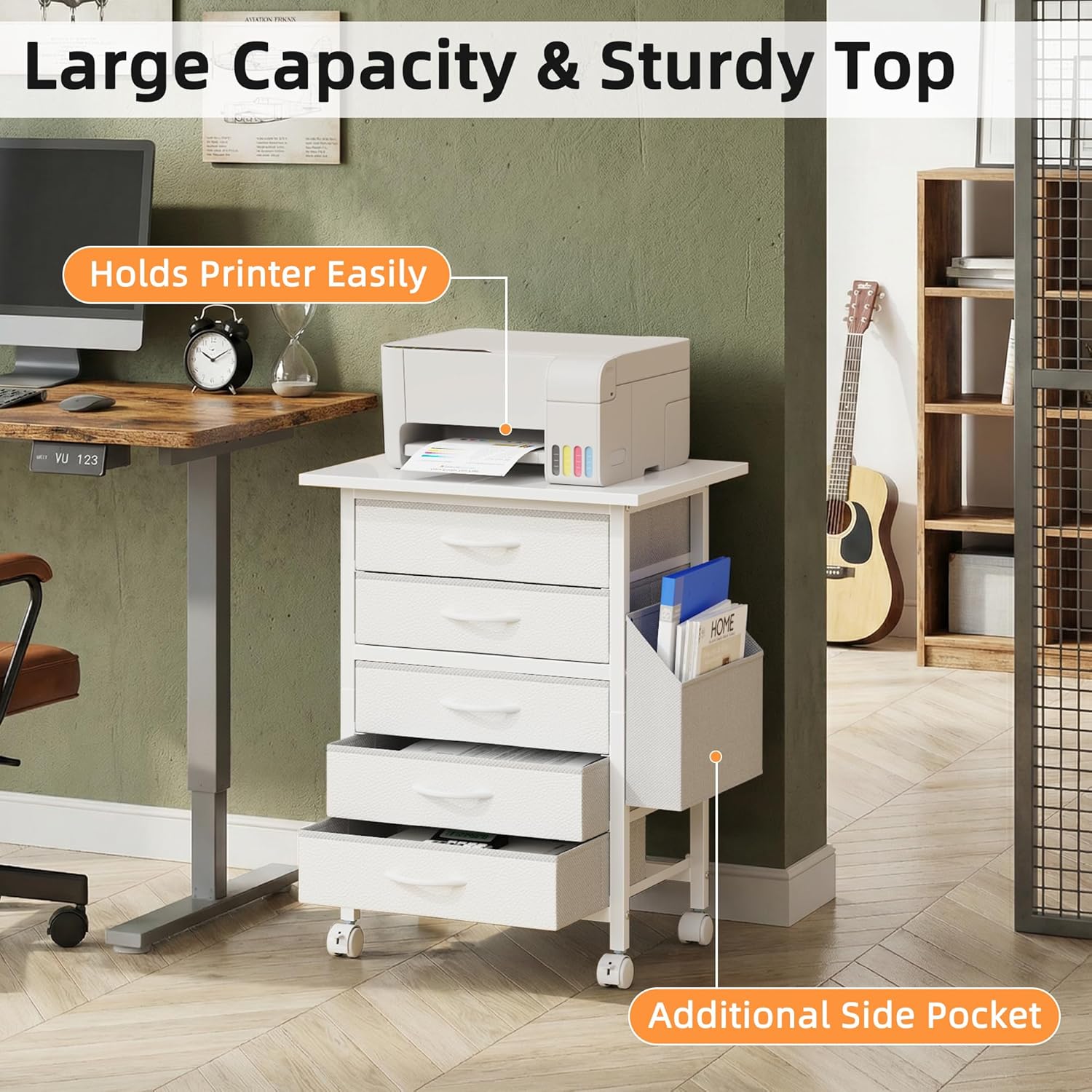 HIGDBFE 5 Fabric Drawers File Cabinet with Side Pocket, Rolling Printer Stand with Storage for Home Office, Wood Top Storage Cabinet for Documents and Crafts, White, 15" D