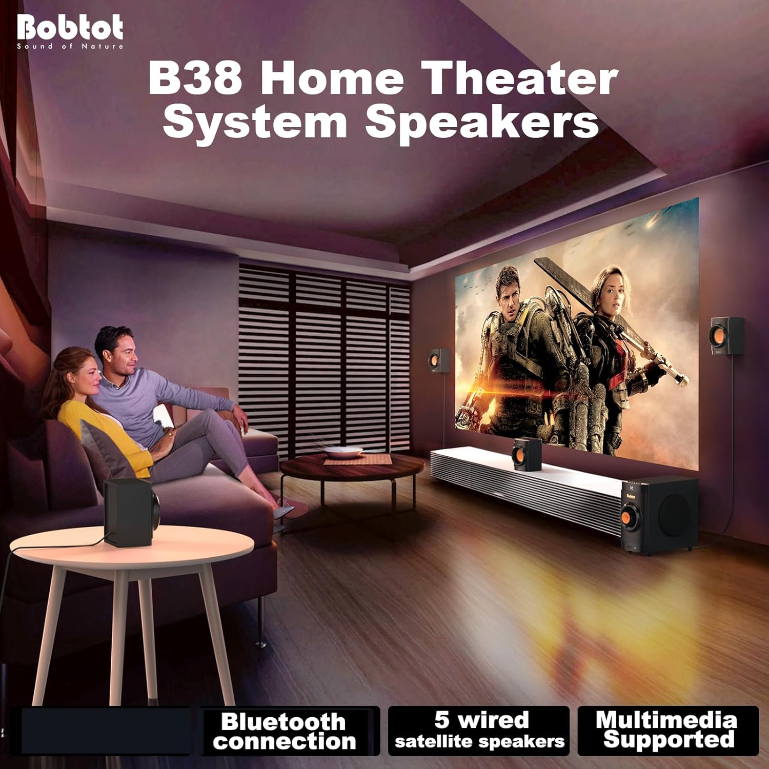 Bobtot Small Subwoofer Home Theater for TV Surround System 5 Wired Speakers Amplifier 4 inch Woofer Built-in Receiver Support ARC Optical Bluetooth Input for Projector