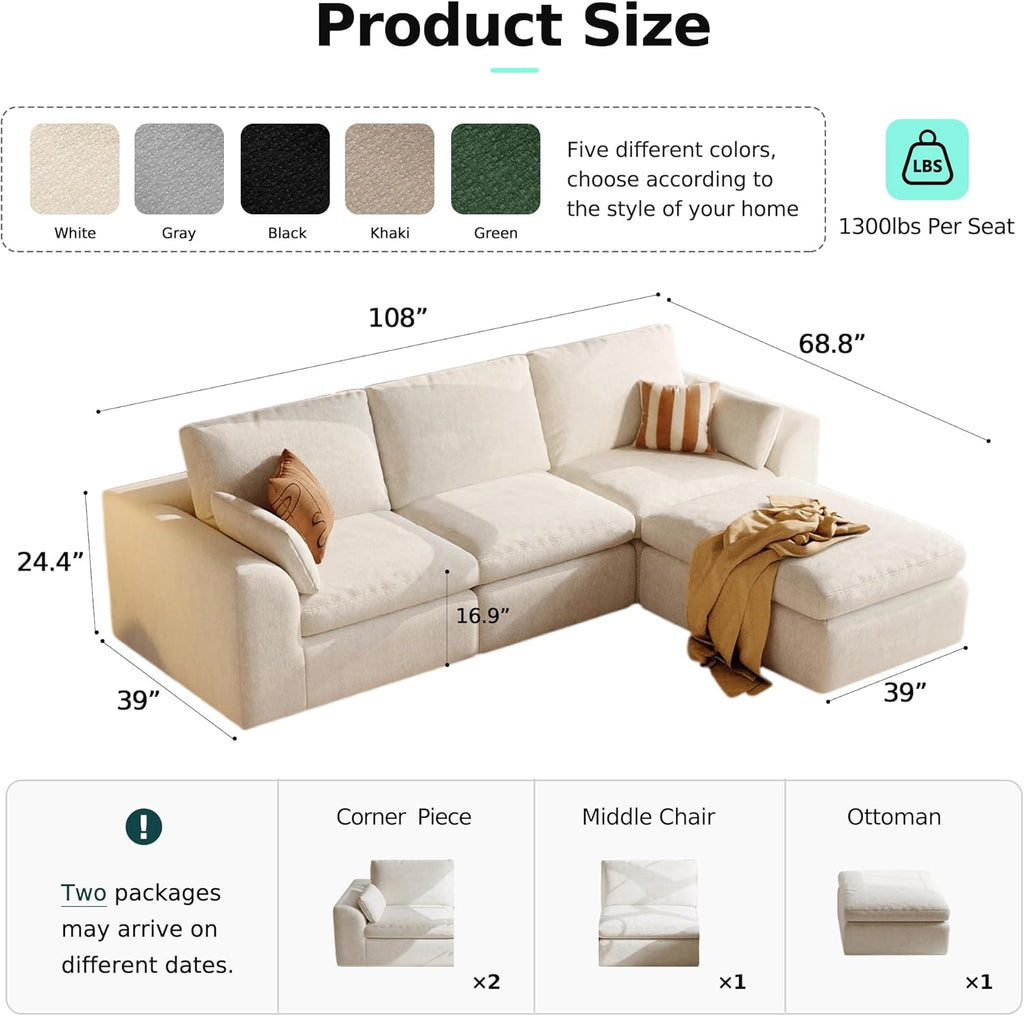 108" Modern Cloud Couch, Plush L Shaped Sectional Couch with Ottoman, Comfy Boneless Couch Modular Sofa, High-Density Memory Foam Deep Seat, No Assembly Required, Pet-Friendly, White