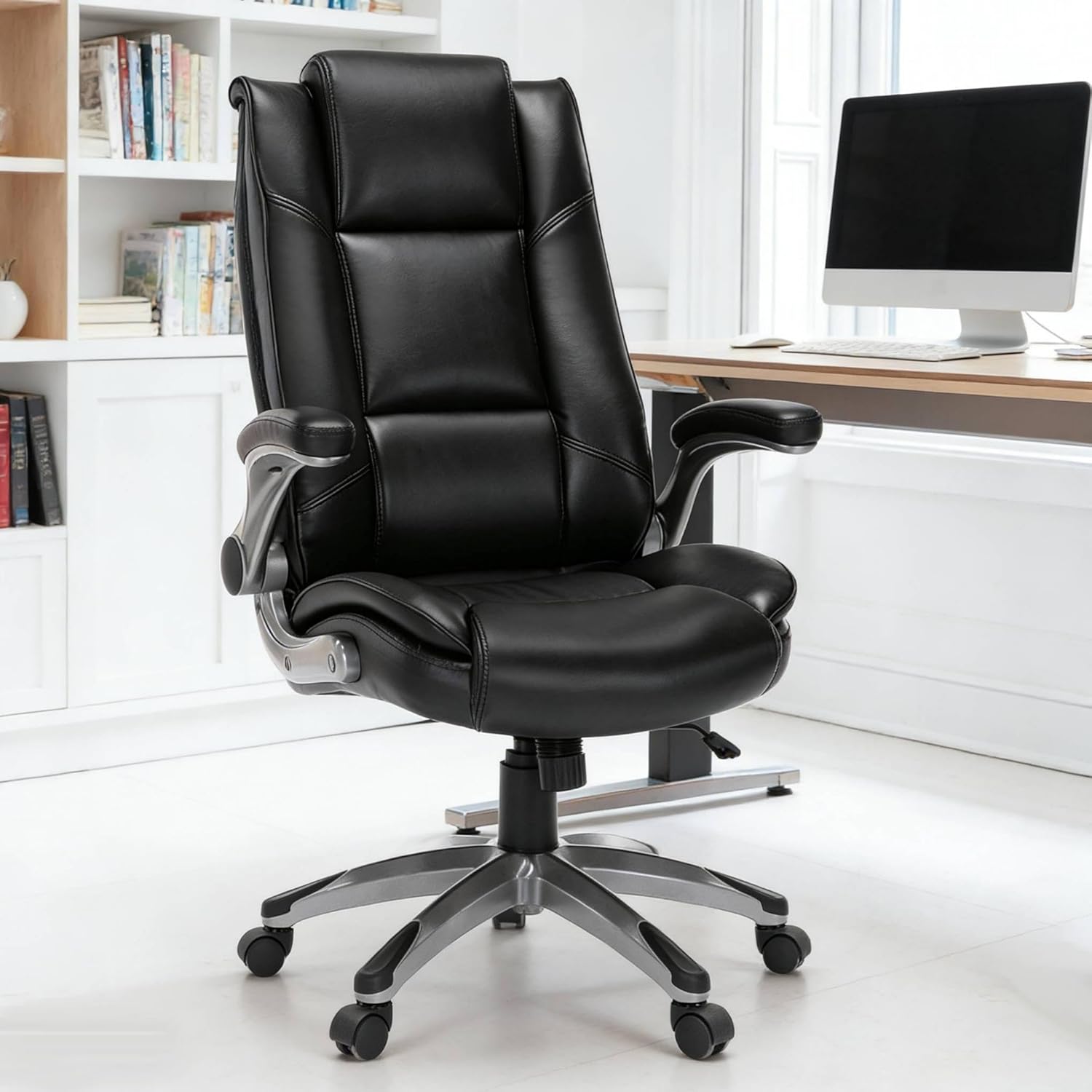 COLAMY Leather Executive Office Chair - High Back Home Computer Desk Chair with Padded Flip-up Arms, Adjustable Tilt Lock, Swivel Rolling Ergonomic Chair for Adult Working Study, Black