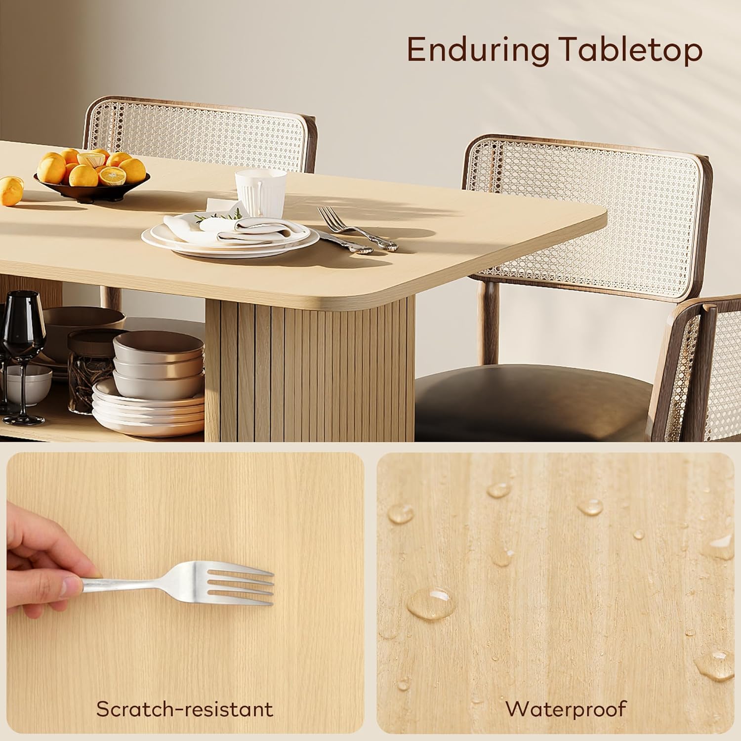 FUQARHY Dining Table for 4, Small Rectangular Kitchen Table for 2 with 3-Tier Storage Shelf, Farmhouse Modern Fluted Wood Table (Oak)