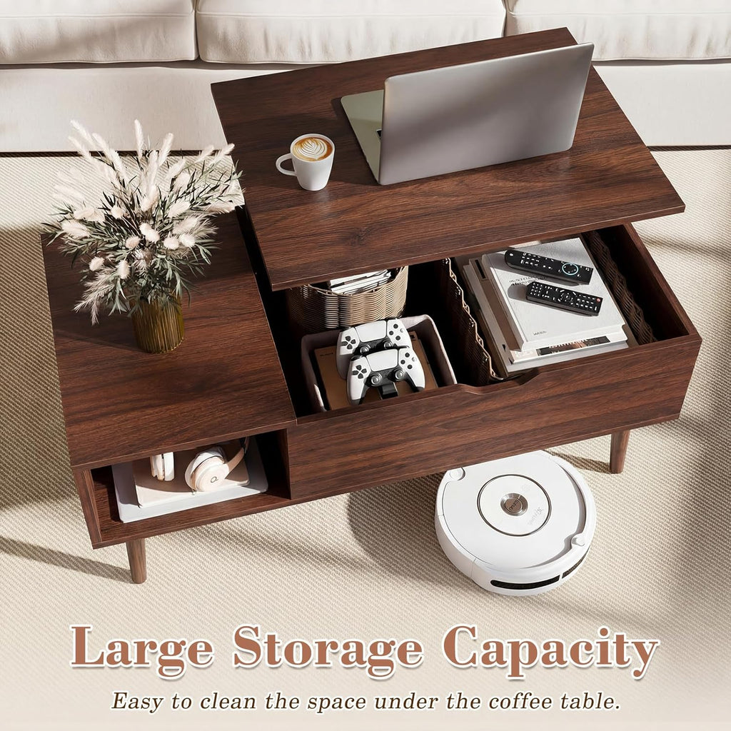 OLIXIS Wood Lift Top Coffee Table with Hidden Compartment and Large Storage Shelf, Lift Tabletop Dining Center Table for Home Living Room Office, Dark Brown