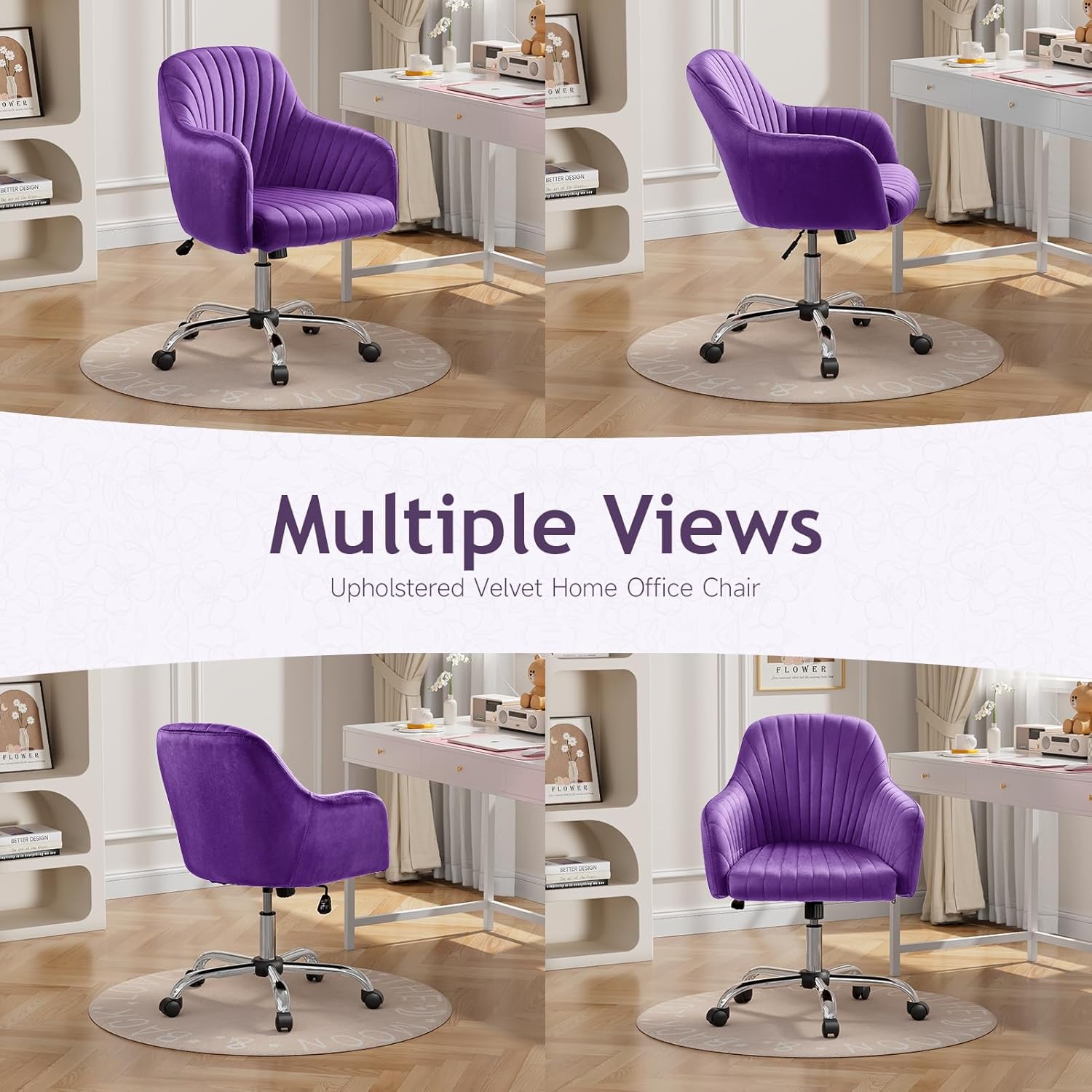 Warmiehomy Office Chair, Velvet Desk Chair for Home Office, Cozy Vanity Chair, Girl Cute Makeup Chair with Arm Rest for Bedroom Dressing Room (Velvet Plum Purple)