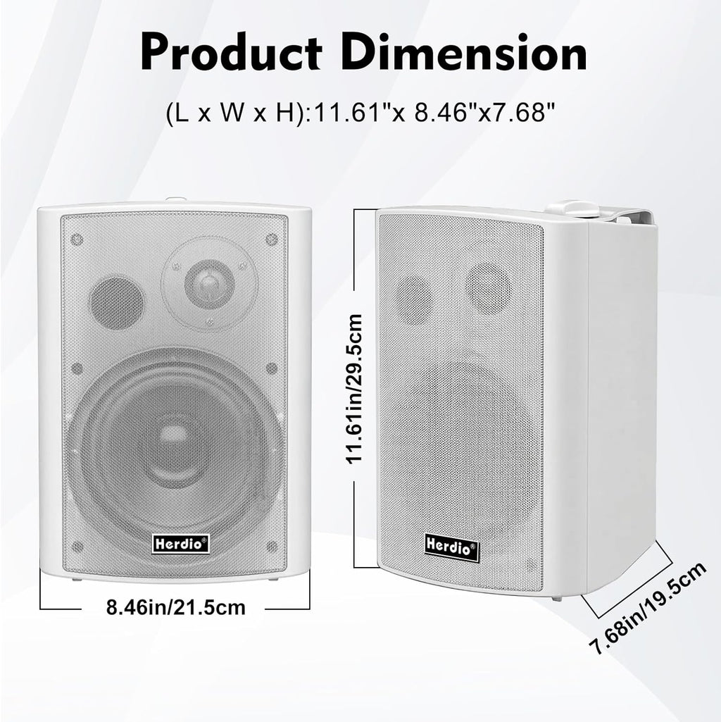 Herdio 6.5" 400W Outdoor Bluetooth Speakers, IPX5 Waterproof Rating and Be Able to Wireless Multi-Connection Up to 20 Units for Patio/Porch/Balcony (White, 2-Pack)