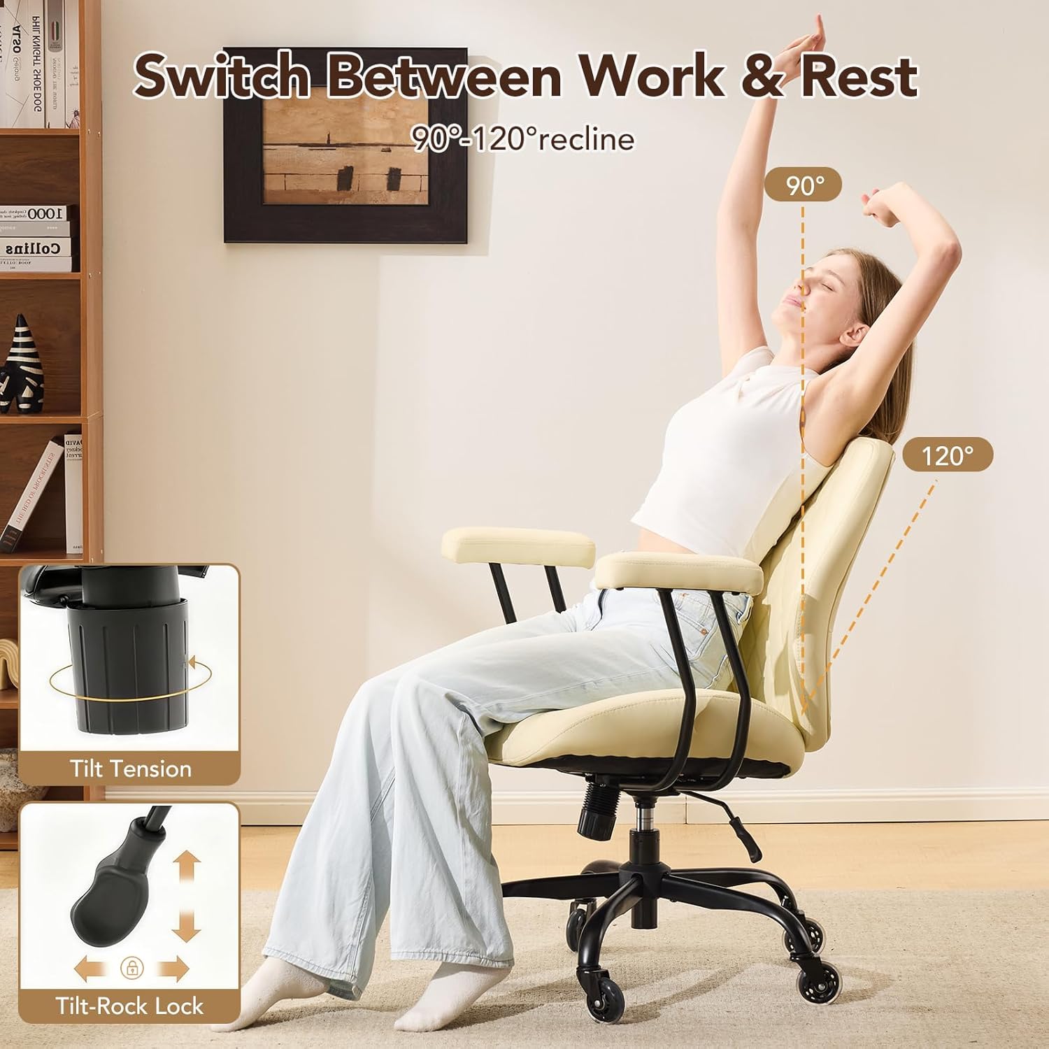 YFO Home Office Desk Chair Office Rubber Casters Ergonomic Computer Chair with Lumbar Support Adjustable Height Rolling Swivel Executive Task Armrests Chair . Cream Leather