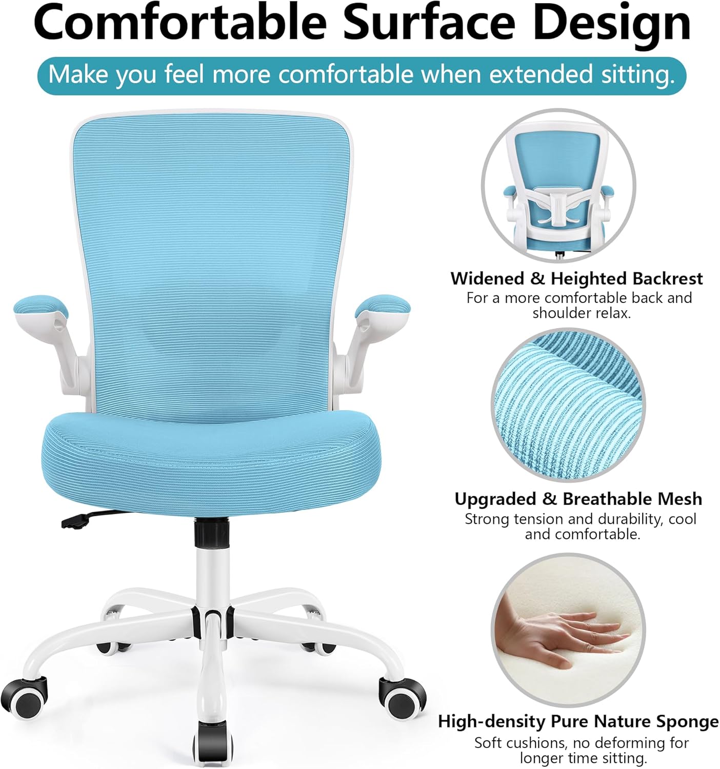 FelixKing Office Chair, Ergonomic Desk Chair Breathable Mesh Chairs Adjustable High Back Lumbar Support Flip-up Armrests, Executive Rolling Swivel Comfy Computer Chairs Home Office Blue