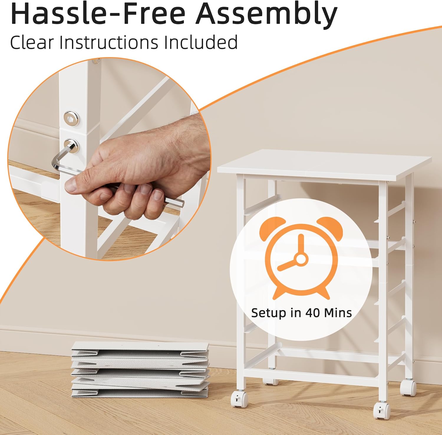 HIGDBFE 5 Fabric Drawers File Cabinet with Side Pocket, Rolling Printer Stand with Storage for Home Office, Wood Top Storage Cabinet for Documents and Crafts, White, 15" D