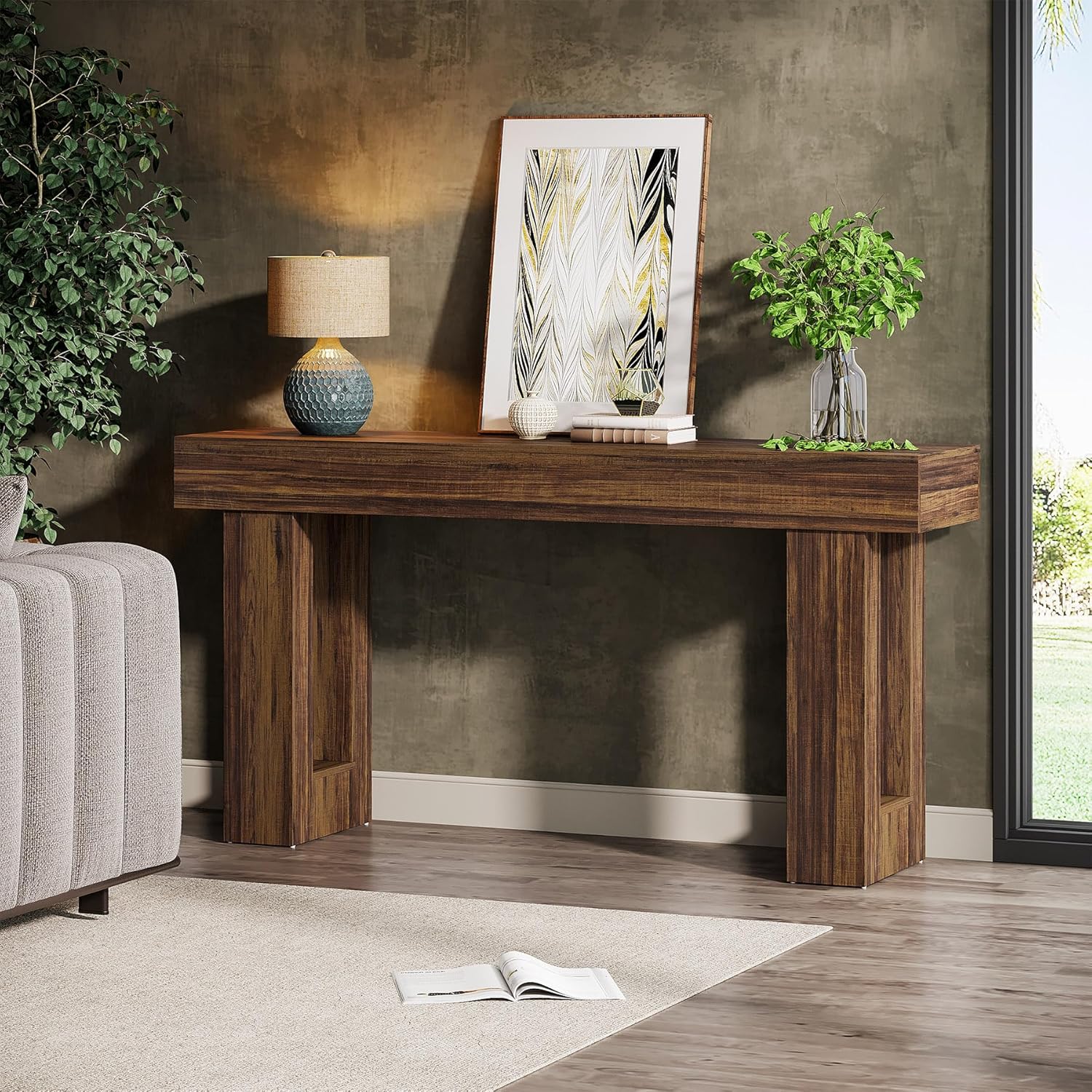 Tribesigns 63-Inch Long Console Table, MDF Wood Grain Rectangular Sofa Table Behind The Couch, Farmhouse Entryway Table for Entrance, Hallway, Living Room (Rustic Brown)