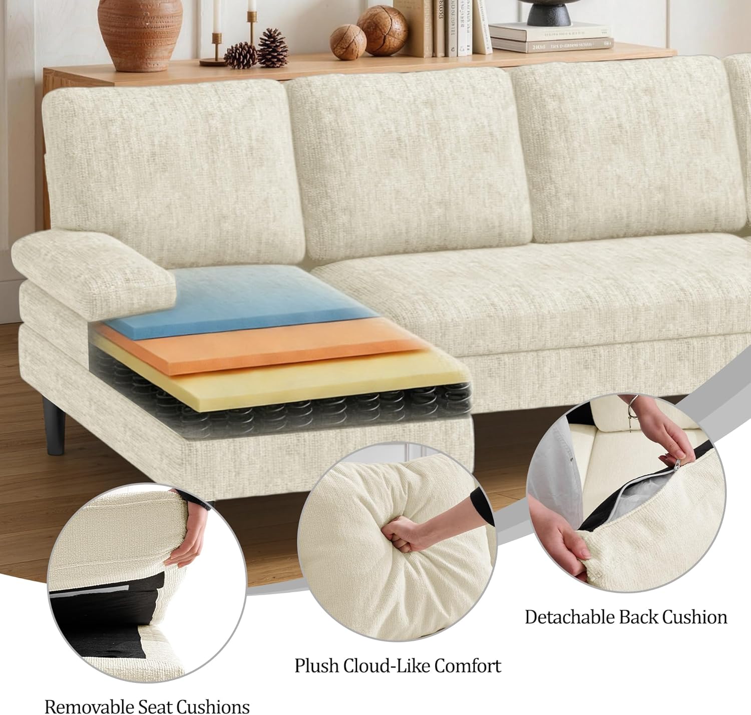 Korser U-Shaped Sectional Couches for Living Room, 101 Inch Modern Modular Sofa with Double Chaise Lounge, Comfy Chenille Fabric 4-Seat Couch Set for Apartment, Beige