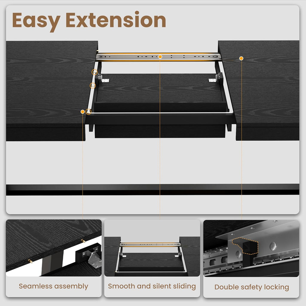 GarveeHome 63-83" Extendable Dining Table, Industrial Rectangular Dining Room Table for 6-8 People, Expandable Kitchen Table with Heavy Duty Metal Frame for Dining Room, Kitchen & Parties, Black