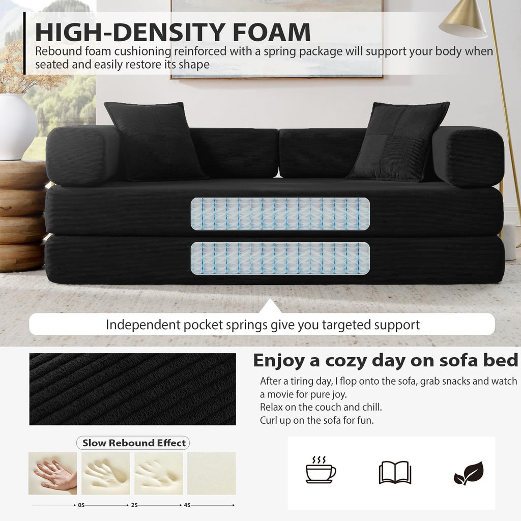 4-in-1 Folding Convertible Sofa Bed, 78 Inch Boneless Couch with Fixed-Shape Frame, Corduroy Loveseat Sleeper with Pull Out Bed, Floor Sofa Modular Futon Couch for Living Room Bedroom Lounge (Black)