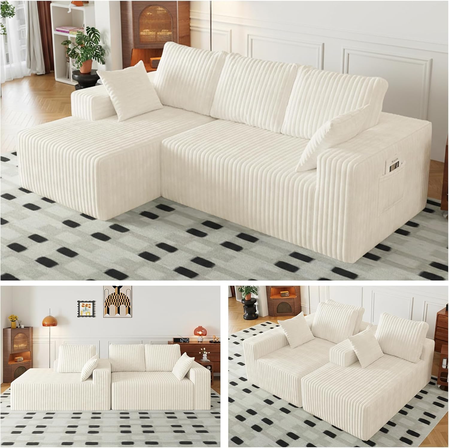 Beige Boneless Cloud Couches for Living Room L Shapes 3 Seater Sectional Sofa with Chaise Lounge, Comfy Flannel Fabric Memory Foam Couch Including Throw Pillow and Backrest - Removable Washable, 96"