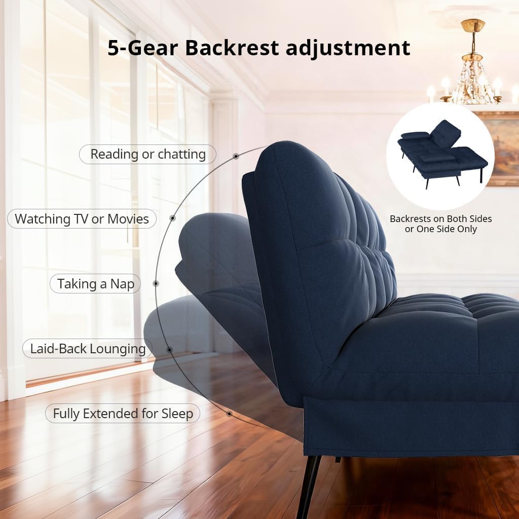 COMHOMA Convertible Sofa Bed,72″Fabric Couch with Adjustable Backrest,Loveseat Recliner Sleeper Living Room Furniture futon Set (Blue)