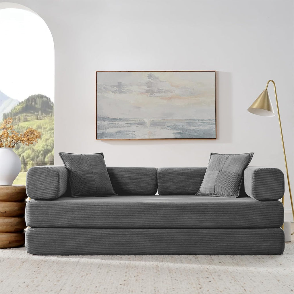 4-in-1 Folding Convertible Sofa Bed, 78 Inch Boneless Couch with Fixed-Shape Frame, Corduroy Loveseat Sleeper with Pull Out Bed, Floor Sofa Modular Futon Couch for Living Room Bedroom Lounge (Grey)
