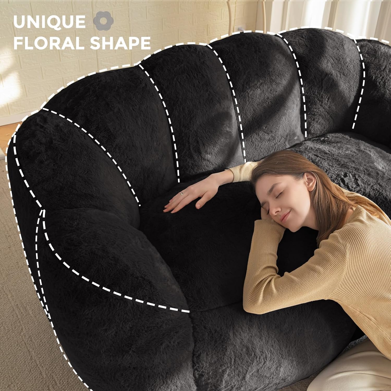 MAXYOYO Bean Bag Chair for Adults, Loveseat Floral Shaped Bean Bag Sofa, Ultra Soft Love Seat Mini Sofa Couch, Faux Fur Reading Chair for Living Room Bedroom, Black
