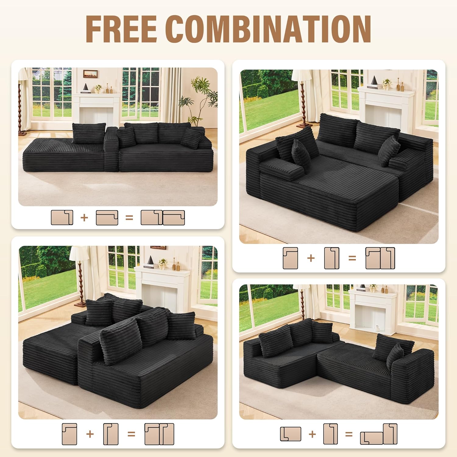 Hobestluk Modular Sectional Sofa Couches L-Shape Couch 3 Seat Modular Sofa Memory Foam Sectional Couches for Living Room, Cloud Couch with Oversized Chaise (Left Facing)