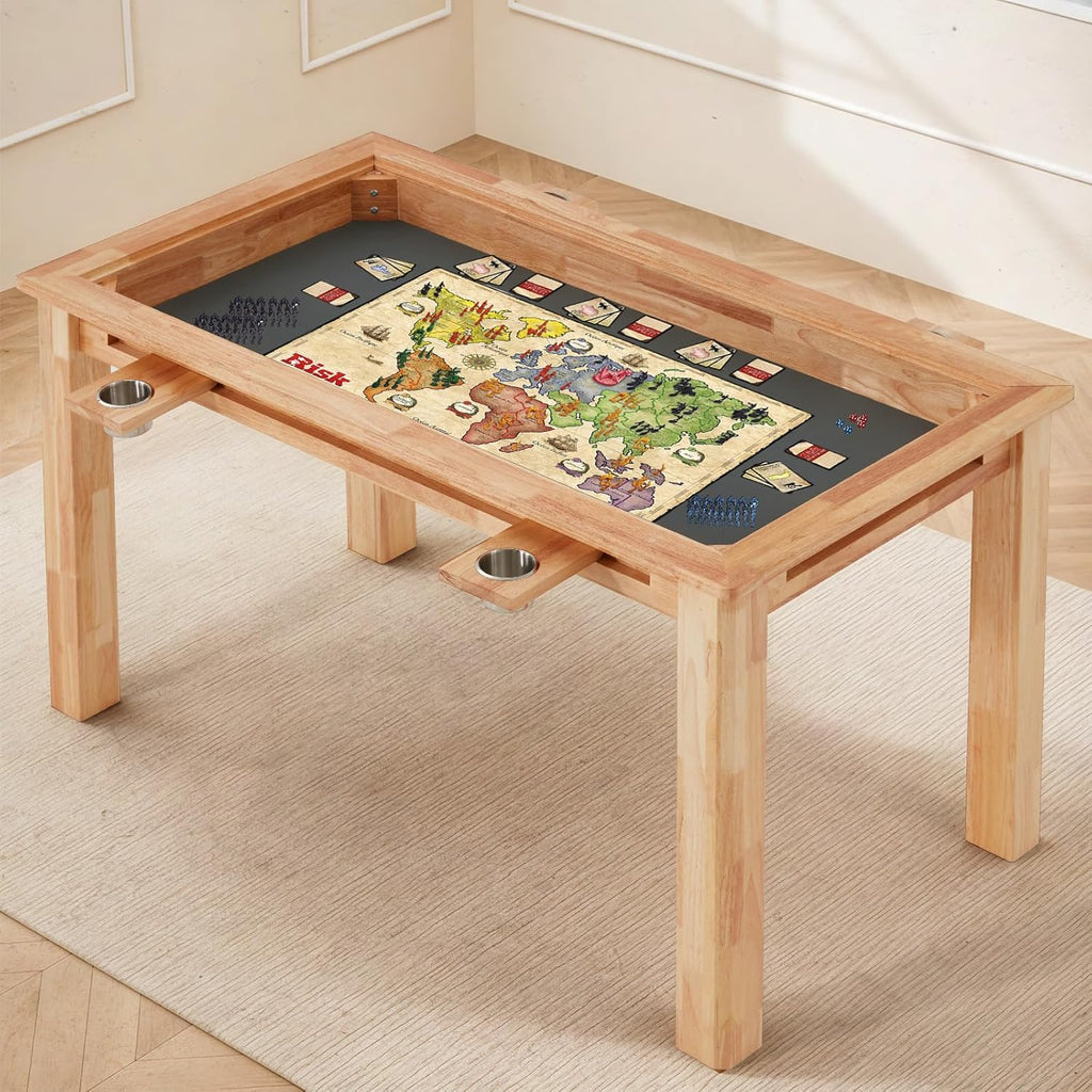 Oak Board Game Table with Removable Table Top, 52" x 29" Play Area, PU Leather Playmat & 4 Cup Holders, Seats 4-6 Players, Dual-Purpose for Gaming & Dining