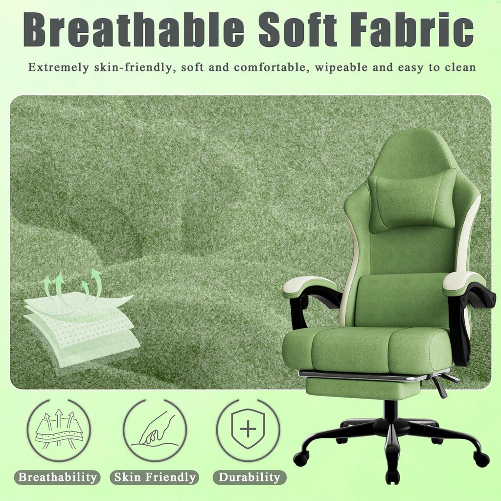 Gaming Chair, High Back Fabric Computer Chair with Pocketed Spring Cushion and Footrest, Height Adjustable Game Chair with Headrest and Lumbar Support (Beige & Green)