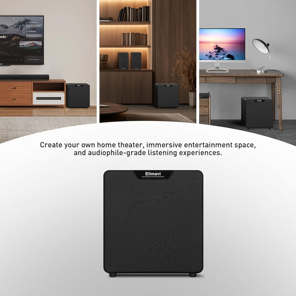 Elimavi 12" Powered Subwoofer Home Audio - 400W Deep Bass for Home Theater - Copper Driver, MDF Enclosure w/Aluminum Radiator - Ideal for Home Surround Sound Systems