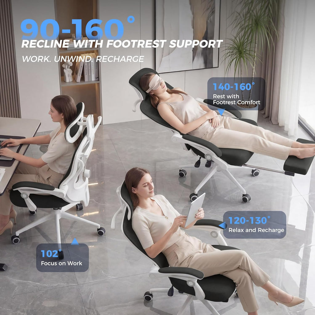 Ergonomic Office Chair with Footrest - Adjustable Lumbar Support & Headrest, 90-160° Reclining Mesh Back Computer Chair - Home Office/Gaming, 350lbs Capacity