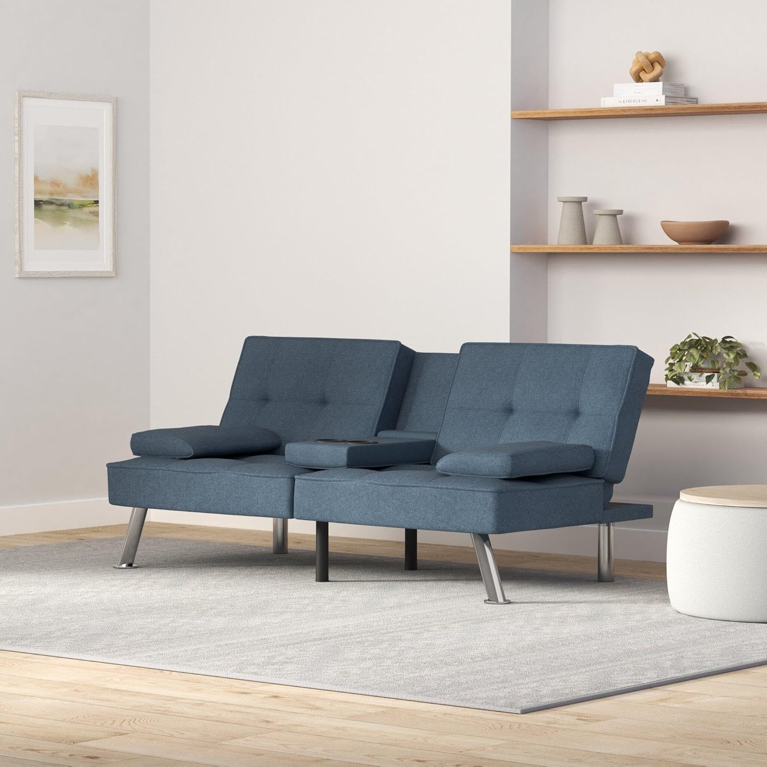 Best Choice Products Linen Modern Folding Futon, Reclining Sofa Bed for Apartment, Dorm w/Removable Armrests, 2 Cupholders - Blue