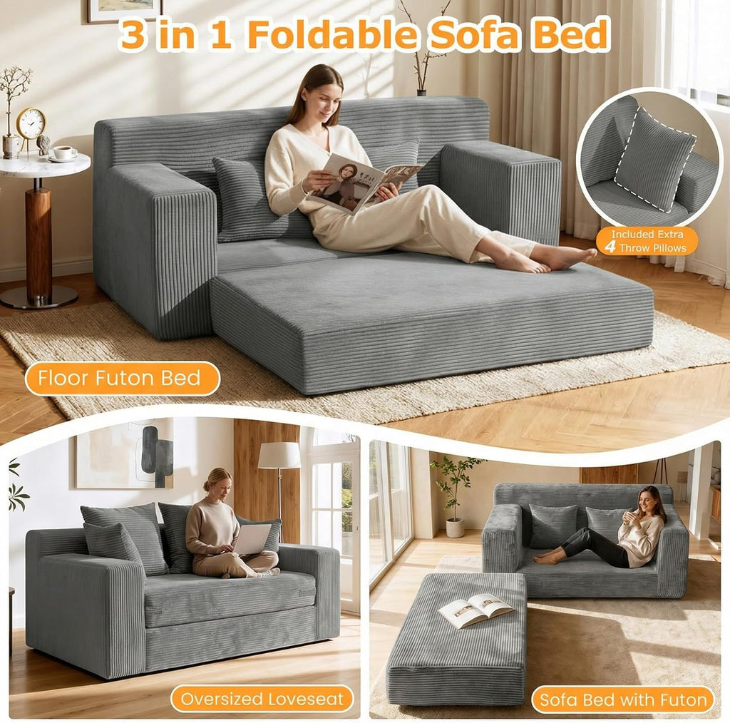 Winzon Boneless Loveseat, 3 in 1 Convertible Sofa Bed Sleeper Sofa Floor Futon Bed with 4 Pillows, 55" Grey Boneless Couch for Living Room, Guest Room, Small Space, No Assembly Required, Corduroy
