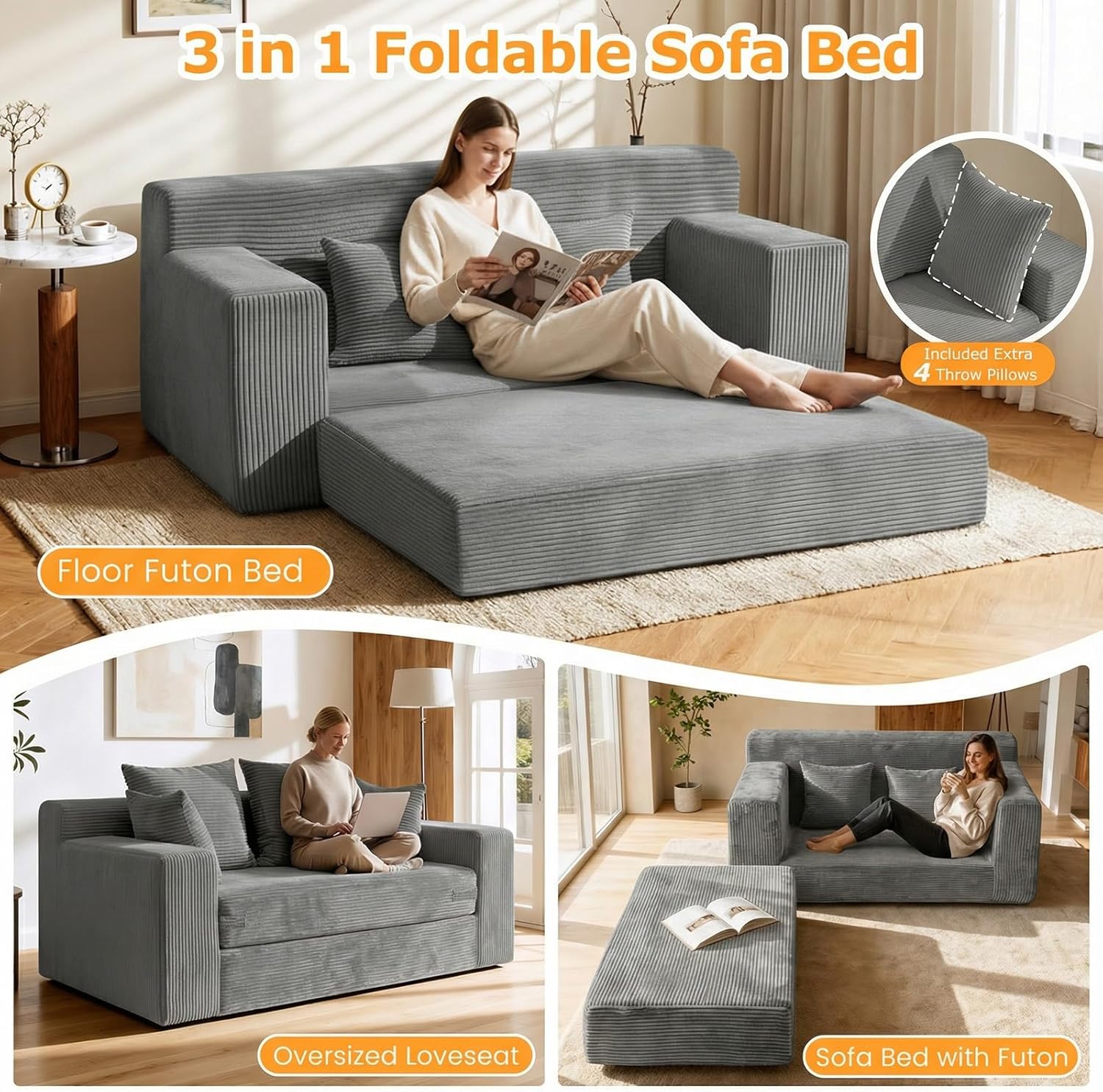 Winzon Boneless Loveseat, 3 in 1 Convertible Sofa Bed Sleeper Sofa Floor Futon Bed with 4 Pillows, 55" Grey Boneless Couch for Living Room, Guest Room, Small Space, No Assembly Required, Corduroy