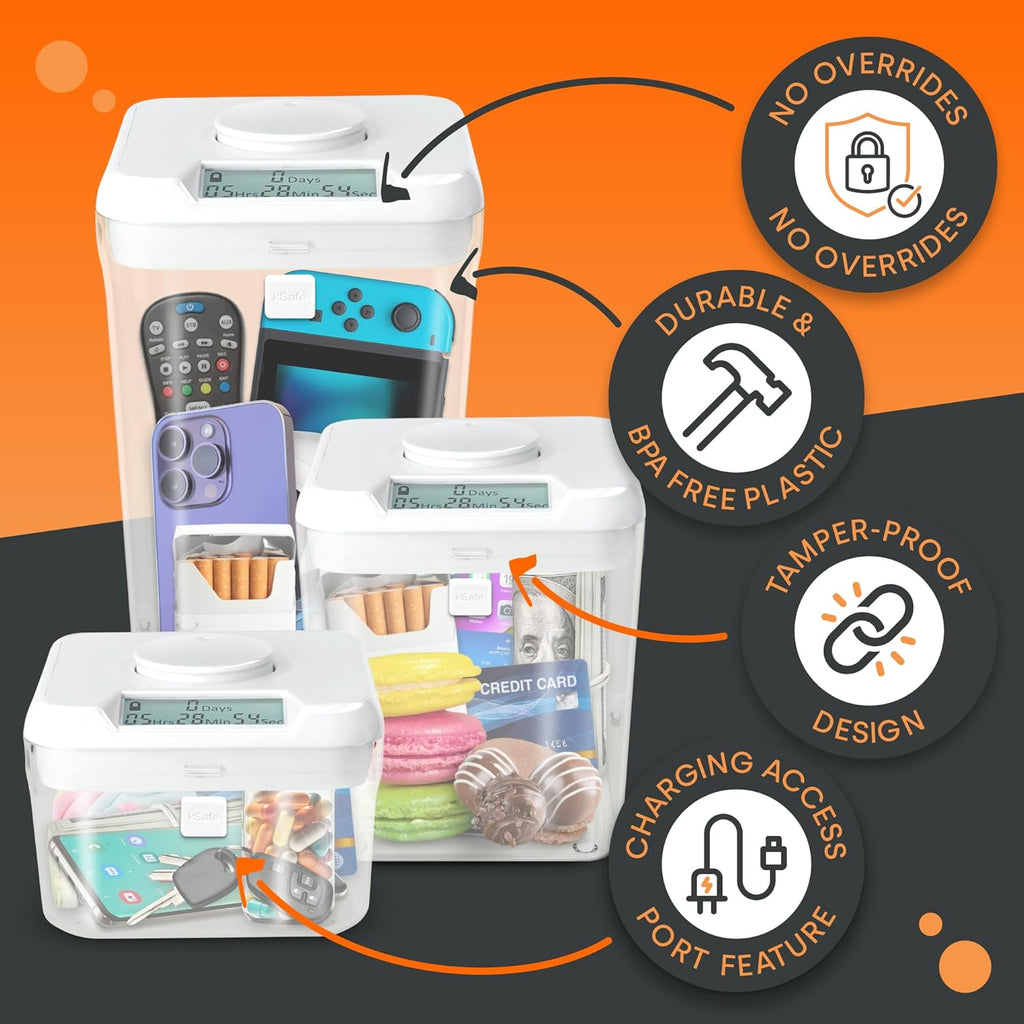 kSafe Time Locking Container XL – Tech Lock Box for Tablets, Game Controllers, Large Snack Bags, BPA-Free Plastic, No Overrides, 5.5” W x 10.4” L, White Lid, Clear Base