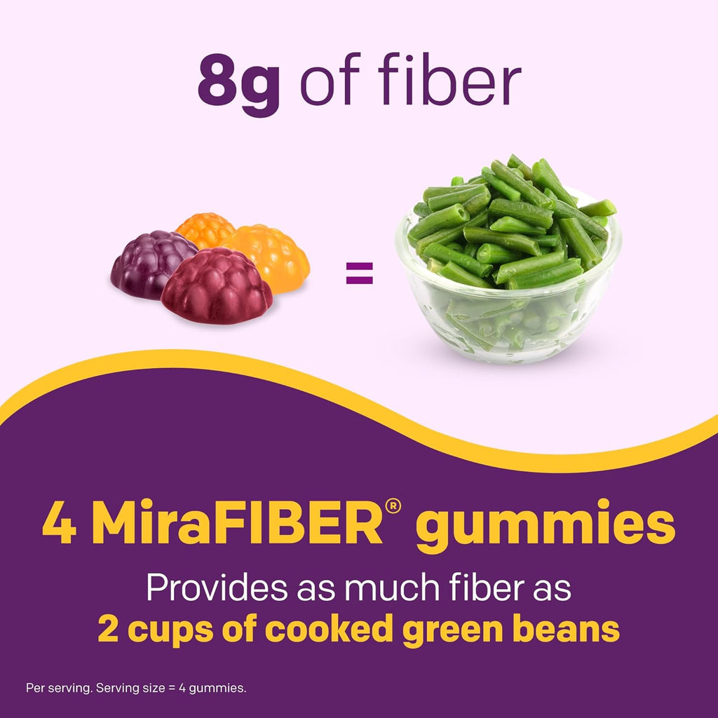 MiraFIBER Gummies from The Makers of MiraLAX, 8g of Daily Fiber Per Serving, Metabolism Support with B Vitamins, Gut Health for Men & Women,Prebiotic Fiber Gummies for Adults, Mixed Fruit Flavor 72Ct