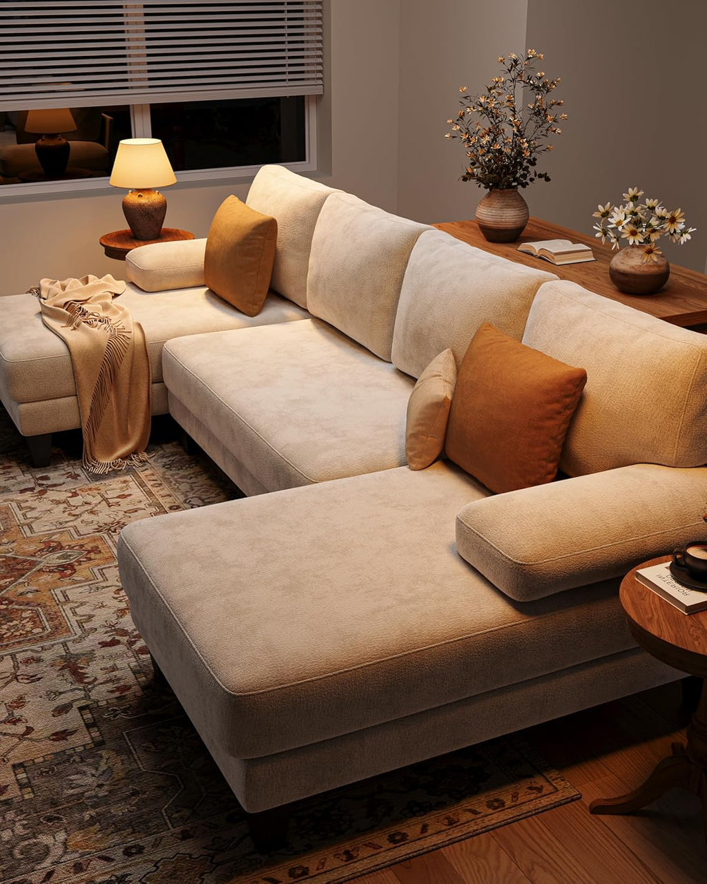 U-Shaped Sectional Couches for Living Room | 112 Inch Modern Sectional Couch | Warm White Chenille Sofa with Double Chaise for Apartment
